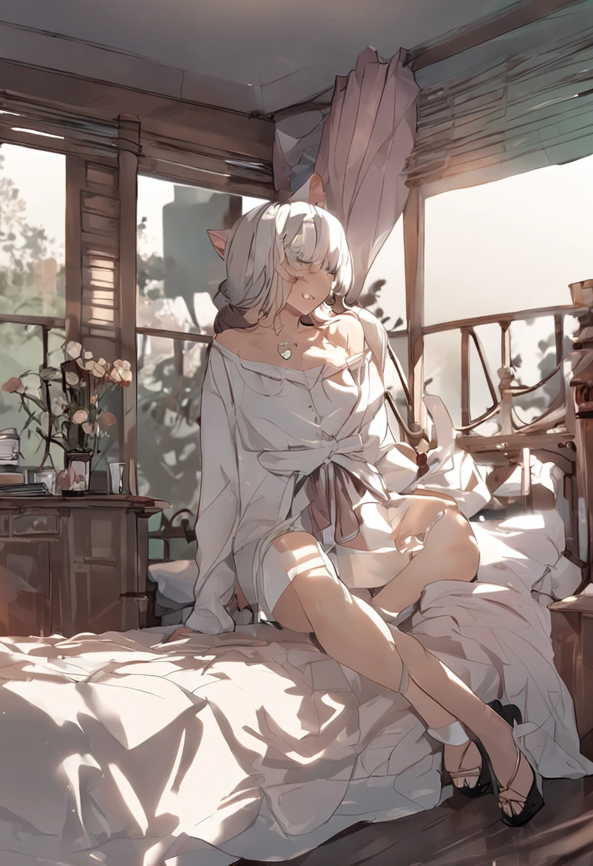 Pure transparent clothes,Lie down in bed,Higher breasts,Raise your legs,Bare buttocks,cat ear,sexyposture,whaite hair,