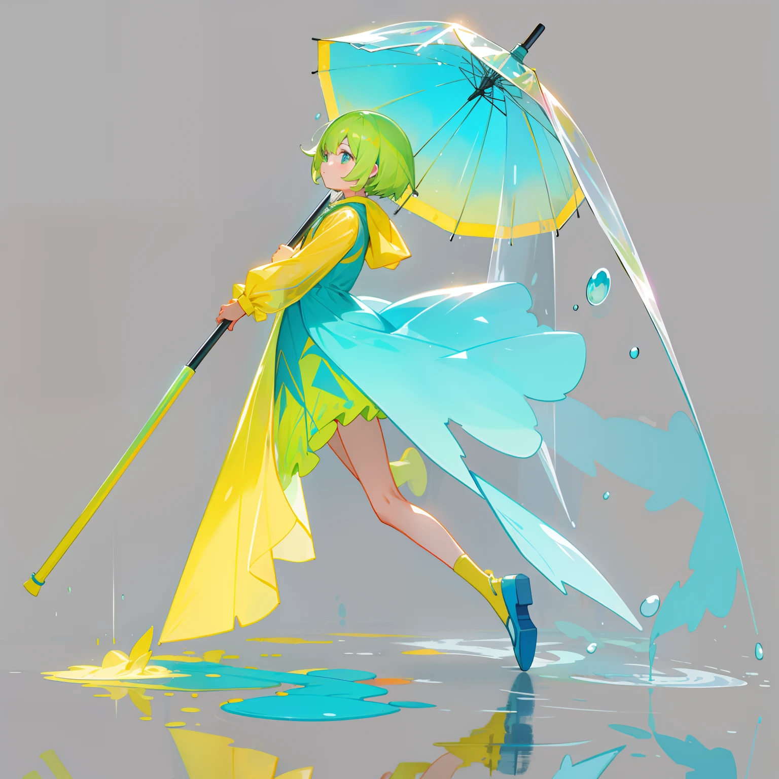 cyanhair,cyan dress,Transparent yellow raincoat,Treading puddles,Hold a closed transparent umbrella,The color of the skirt is transparent,Full body figure,Vertical painting on the front