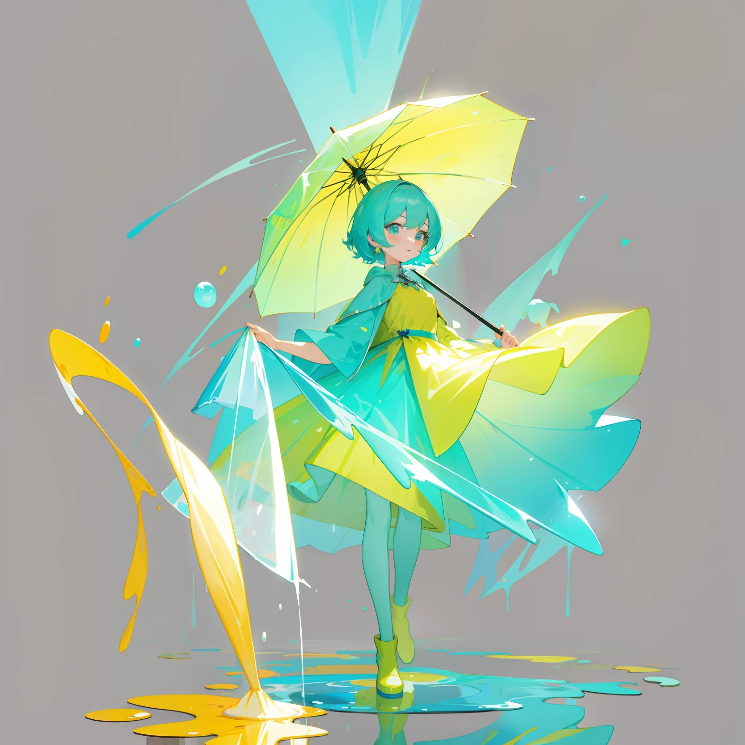 cyanhair,cyan dress,Transparent yellow raincoat,Treading puddles,Hold a closed transparent umbrella,The color of the skirt is transparent,Full body figure,Vertical painting on the front