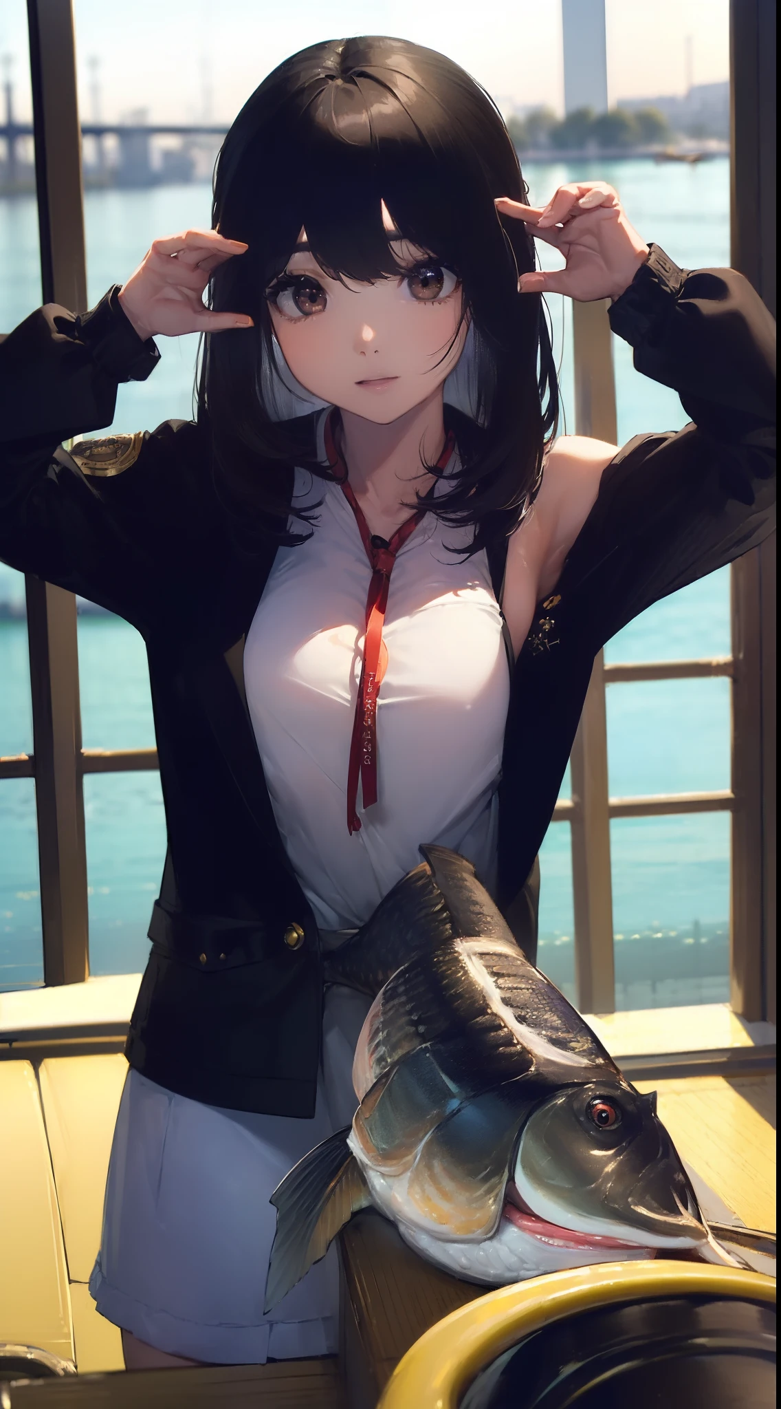 ((((Catch a big black bass by the lake:1.5)))),((1 female 28 years old))((Best Quality:1.5)),(((Hands with the correct number and structure of fingers:1.4))),(Large fish),hight resolution,ultra-detailliert,​masterpiece,best qualtiy,poneyTail,Black hair, long eyeslashes, Solid Circle Eyes, drop shadow, Atmospheric perspective,Super Detail, ccurate, small brest,(Black jacket :1.1),top-quality, blurry backround, bokeh dof:1.2, (​masterpiece:1.3),  Atmospheric perspective,Super Detail,dynamic compositions,top-quality、​masterpiece、Very beautiful CG、finely detail、​masterpiece