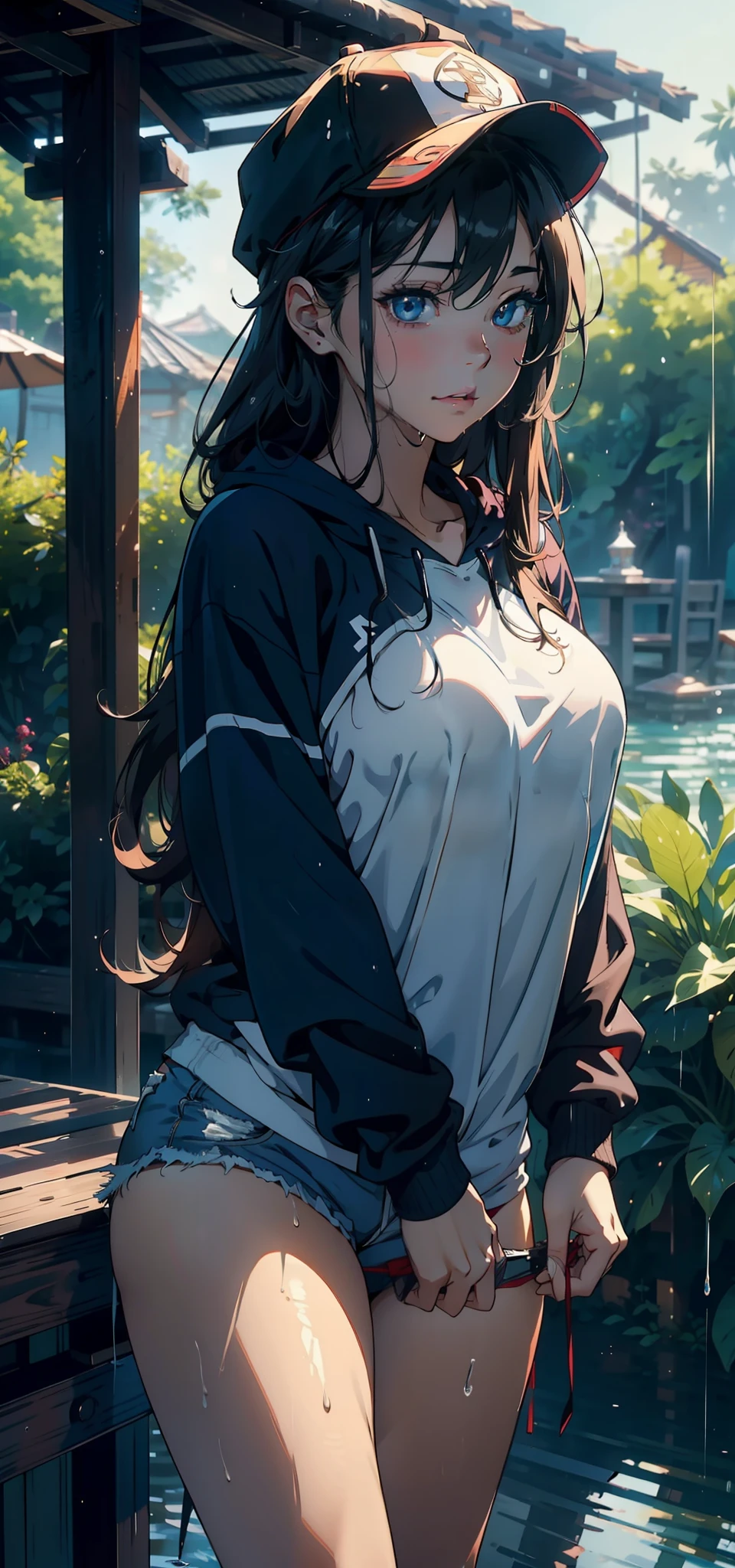 1female,9 ,bit girl,super adorable,huge-breasted ,Pornographic exposure, 独奏,(Background with:ln the forest,the rainforest,in summer,Standing water on the ground,exteriors) Feel free to hairstyle,Stride,Sweat profusely,drenched all over the body,seen from the front,Very long hair , mostly cloudy sky,(((tmasterpiece),(Very detailed CG unity 8K wallpaper),best qualtiy,cinmatic lighting,detailed back ground,beatiful detailed eyes,Bright pupils,blue color eyes(Very fine and beautiful),(Beautiful and detailed eye description),ultra - detailed,tmasterpiece,)),facing at camera,A high resolution,ultra - detailed)nakeness,with no underpants,revealing breasts,Bare genitalia, Bulge,Camel toes,Raised sexy,Lewd expression,Flushed complexion,Open-mouthed,frontage,elementarRed hooded sweatshirt,Extra-short denim shorts,baseball cap,athletic sneakers,Bare breasts)Full body photo,Show shoes