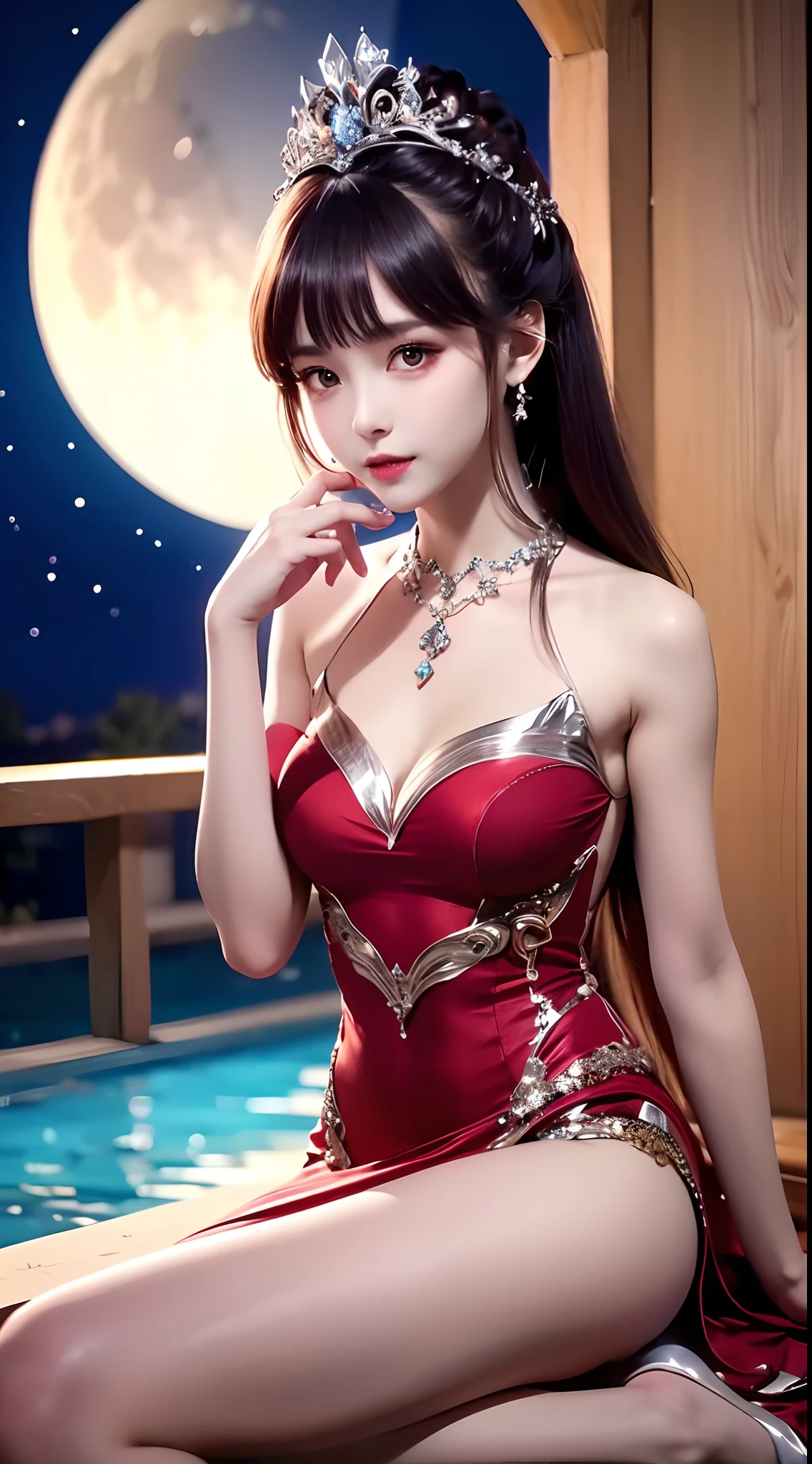 4K ultra hd, masterpiece, a cute girl, long hair, princess hairstyle, princess dress, red dress, bare waist, moon background, sitting,