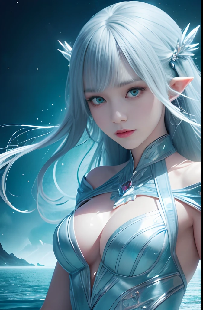 tmasterpiece,top-quality,optimum,offcial art,Beautiful and aesthetic,Long exposure:1.2),Smooth movement,Charming Patterns, 1 rapariga,Adult Russian woman,freckle,jade Eyes,Black lob hair, sportrait,独奏,The upper part of the body,Gaze the observer,detailedbackground,Detailed face,(crystallineAI, crystalline theme:1.1),Elemental Water Elves,Swirl water,Control the water,Fantasy magician's clothes,dynamicposes,particles floating,Ethereal power,Eau,vaporous,the ocean in the background,blue tint,shores,Ethereal atmosphere,