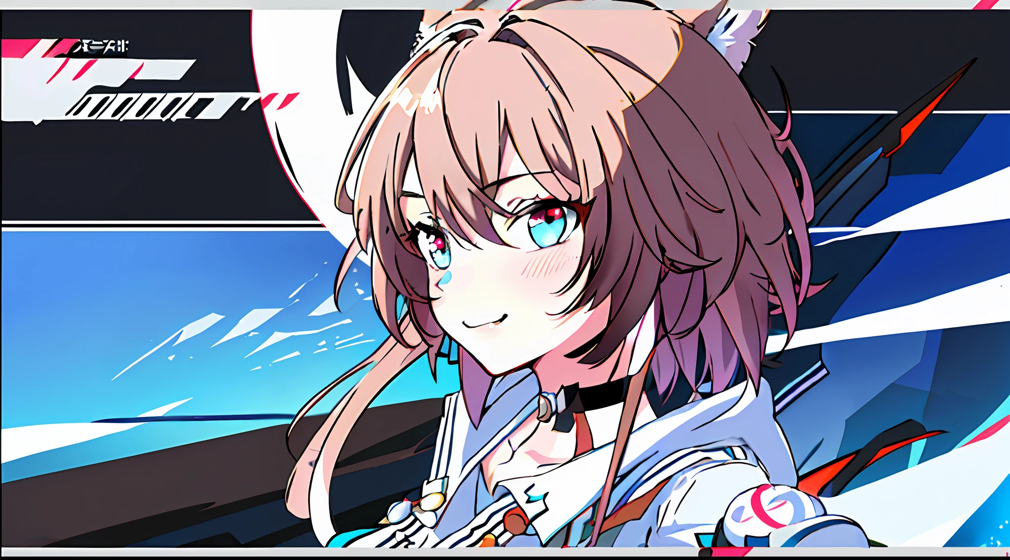 Girl, hair bobbles, wince, long eyelasher, solid circle eyes, Fake animal ears, Light smile, Ear blush, Fang, Brown hair,  Light brown hair， Light brown hair，Light brown hair, Messy hair, Short hair, hair pin, hair adornments, Glowing eyes, aqua eyes, Gradient eyes, Makeup, surrealism, shadowing, anaglyph, stereograms, tachi-e, angle of view, Atmospheric perspective, reference sheet, anime big breast, 8K, Super detail, ccurate, Best quality