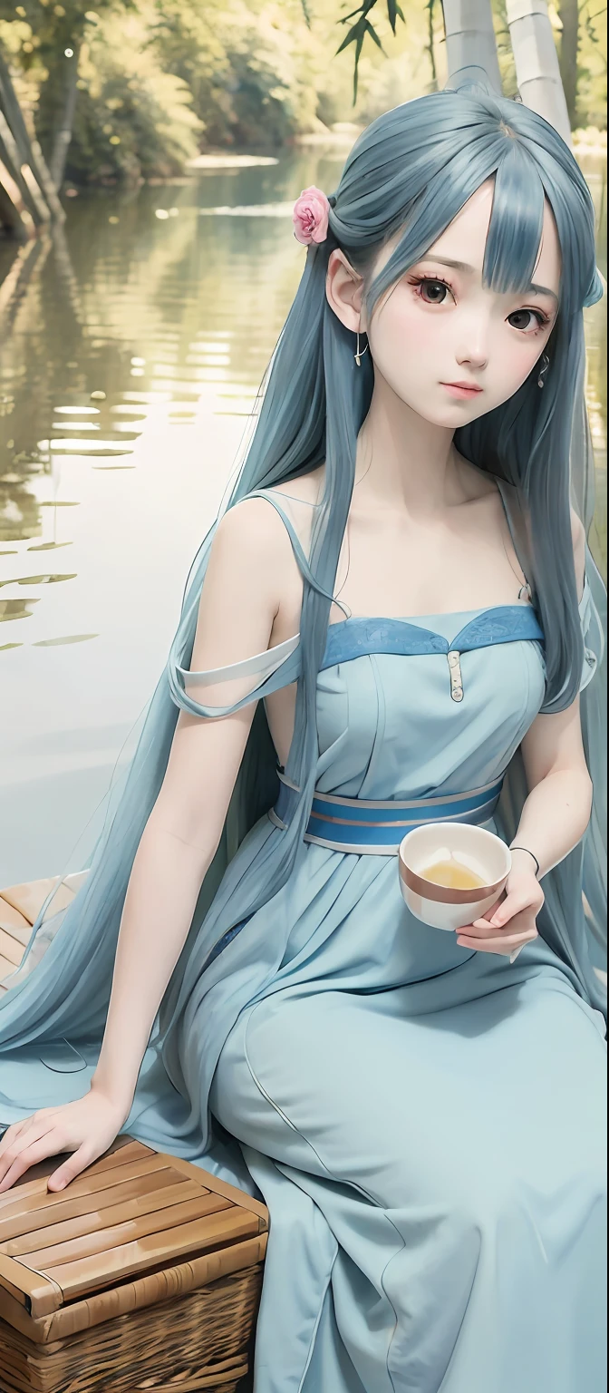 Masterpiece, Best Quality, Official Art, 8k Wallpaper, Very Detailed, Illustration, 1 Girl, Sky Blue Hair, Long Hair, Detailed Eyes, Forrest Gump, Bare Shoulders, Hanfu, Lake, Pure, Soft Smile, bamboo, tea