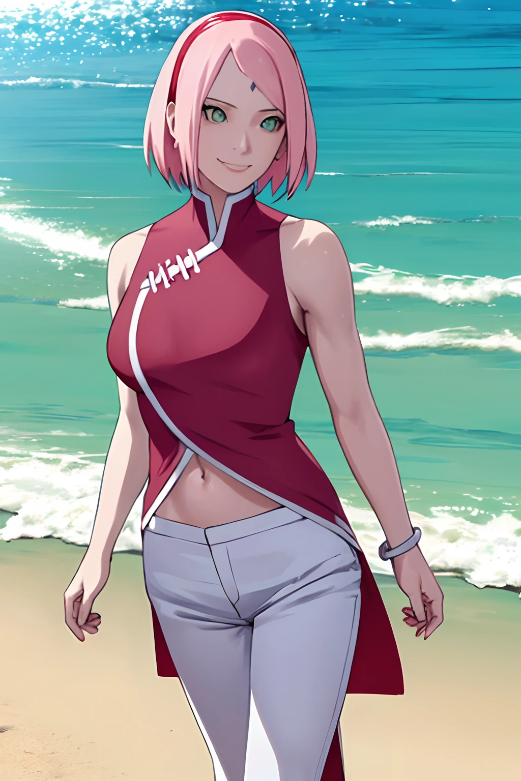 masterpiece, 1k, portrait, face shot, professional artwork, detailed beach background, intricate details, colorful, digital blending, (ultra detailed body, ultra detail hair, ultra detail face), trending on pixiv, kind smile, very hot color, best quality, anime style: 1.9, 1girl, hires, haruno sakura, (forehead mark, milf, red hairband, pale skin, short hair, ((red sleeveless dress), white pants), navel, groin, bracelet, pink hair, green eyes, smile, beach, wind, floating hair, detailed arms, off-shoulders, slightly muscular arms, standing)
