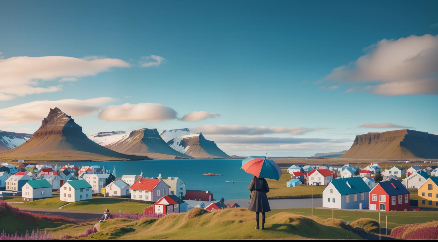 Date: 2020
Location: Reykjavik, Iceland
Description: On a whimsical Icelandic hillside, a lone figure stands with an umbrella, gazing at the contrasting landscape of colorful houses against the dramatic backdrop of a fjord.