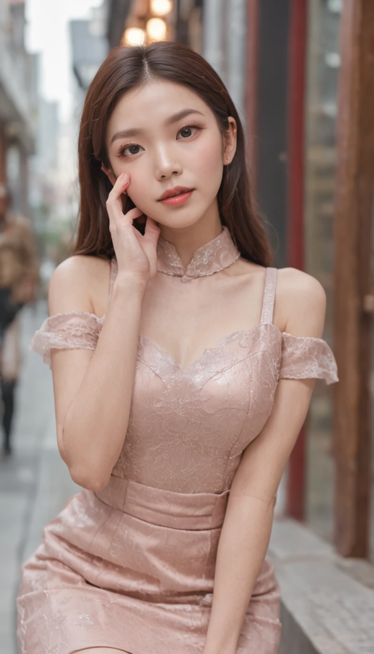 （tmasterpiece，k hd，hyper HD，16k）brunette color hair，15 year old girl，Multi-layer gauze skirt，Emphasize the lips，blusher，Soft lips，Glossy lips，，Soft hair like slippery silk，Sparkling，Almost reluctant to look away，She wears a suspender cheongsam！Imagine that，She just wore a suspender cheongsam to shop in the bustling Sanlitun，One can't help but want to take a closer look。Take a closer look, desi，Her belly pocket is quite stylish，The skirt flutters in the wind，It's like adding a touch of energy to the whole street，Crocodile skin train，A sneak peek angle，（From the angle below），Sit in a train crocodile leather seat，sitting in front，Zoom camera，head portrait，Head down and sleepy-eyed，Look at the ground， best qualtiy， hyper HD， （realisticlying：1.4），， A high resolution， the detail， RAW photogr， Sharp Re， Nikon D850 Film Stock Photo by Jefferies Lee 4 Kodak Portra 400 Camera F1.6 shots, Rich colors, ultra-realistic vivid textures, Dramatic lighting, Unreal Engine Art Station Trend, cinestir 800，（Tilt-Shift:1.4),Midnight Crossroads,(Extremely colorful, Best quality, high detal, Masterpiece, Cinematic lighting, 4K, Chiaroscuro)