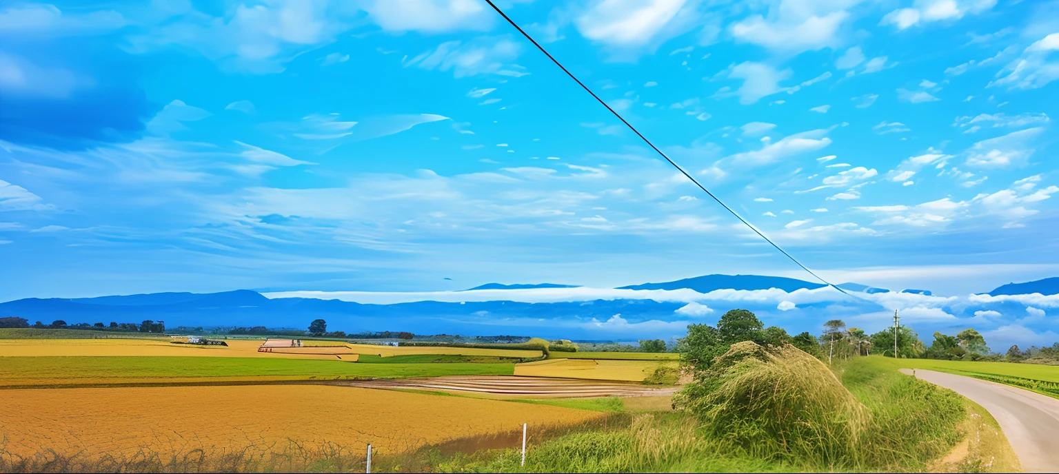 there is a view of a field with a road going through it, clouds and fields in background, countryside in japan, malaysia with a paddy field, landscape scenery, amazing landscape in background, nature and clouds in background, there is blue sky, distant villagescape, country landscape, very beautiful scenery, countryside, japanese countryside, scenary, very very very beautiful scenery