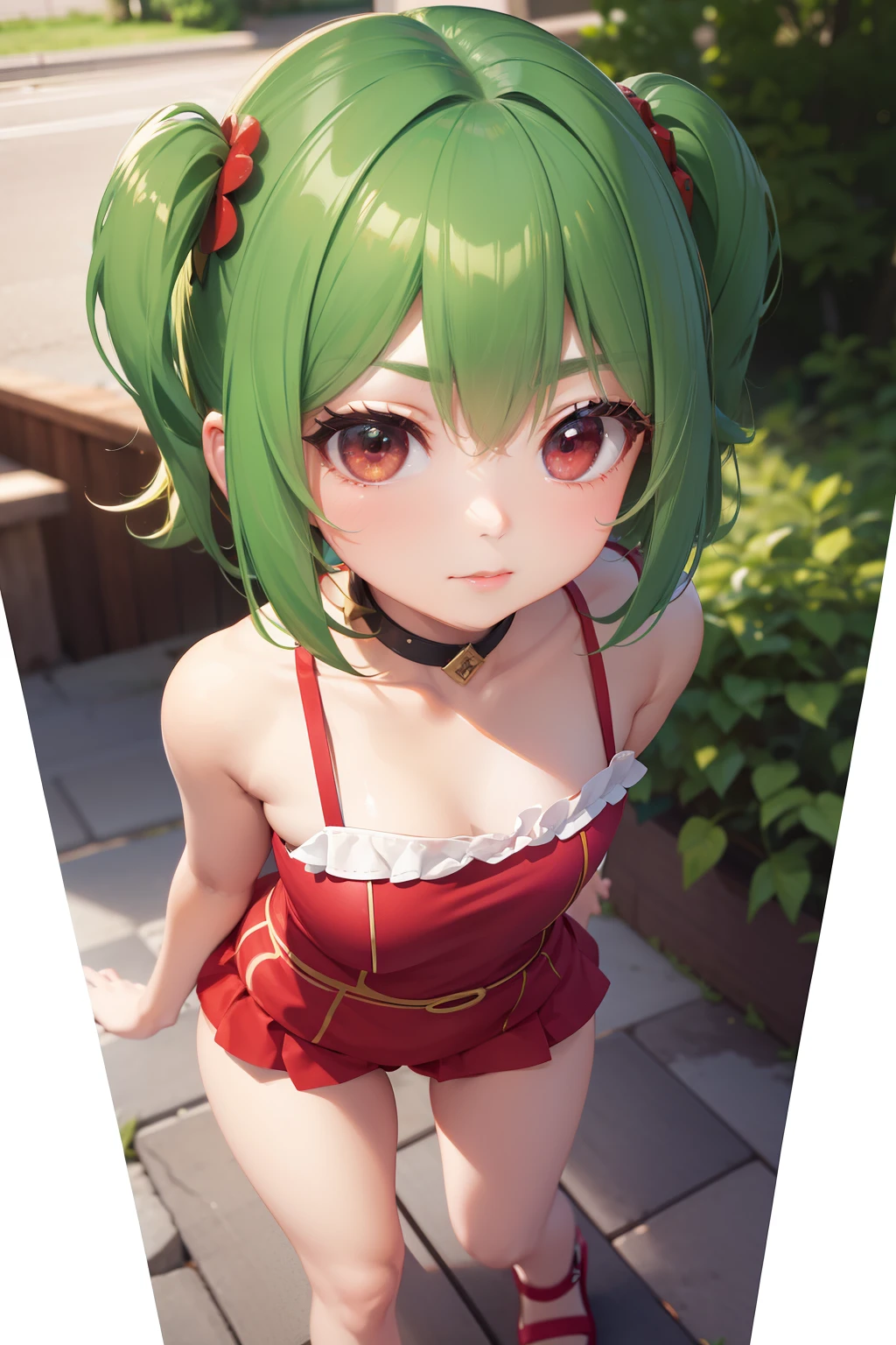 Chibi, 1 girl, shorth hair, Cute、bright expression、Very beautiful face, Beautiful red eyes, dazzling green hair、Eyebrows behind bangs, Bright pupils, nffsw, nffsw, high details, Best Quality, 4K, hight resolution、Full body, Tomato Costume,3D style