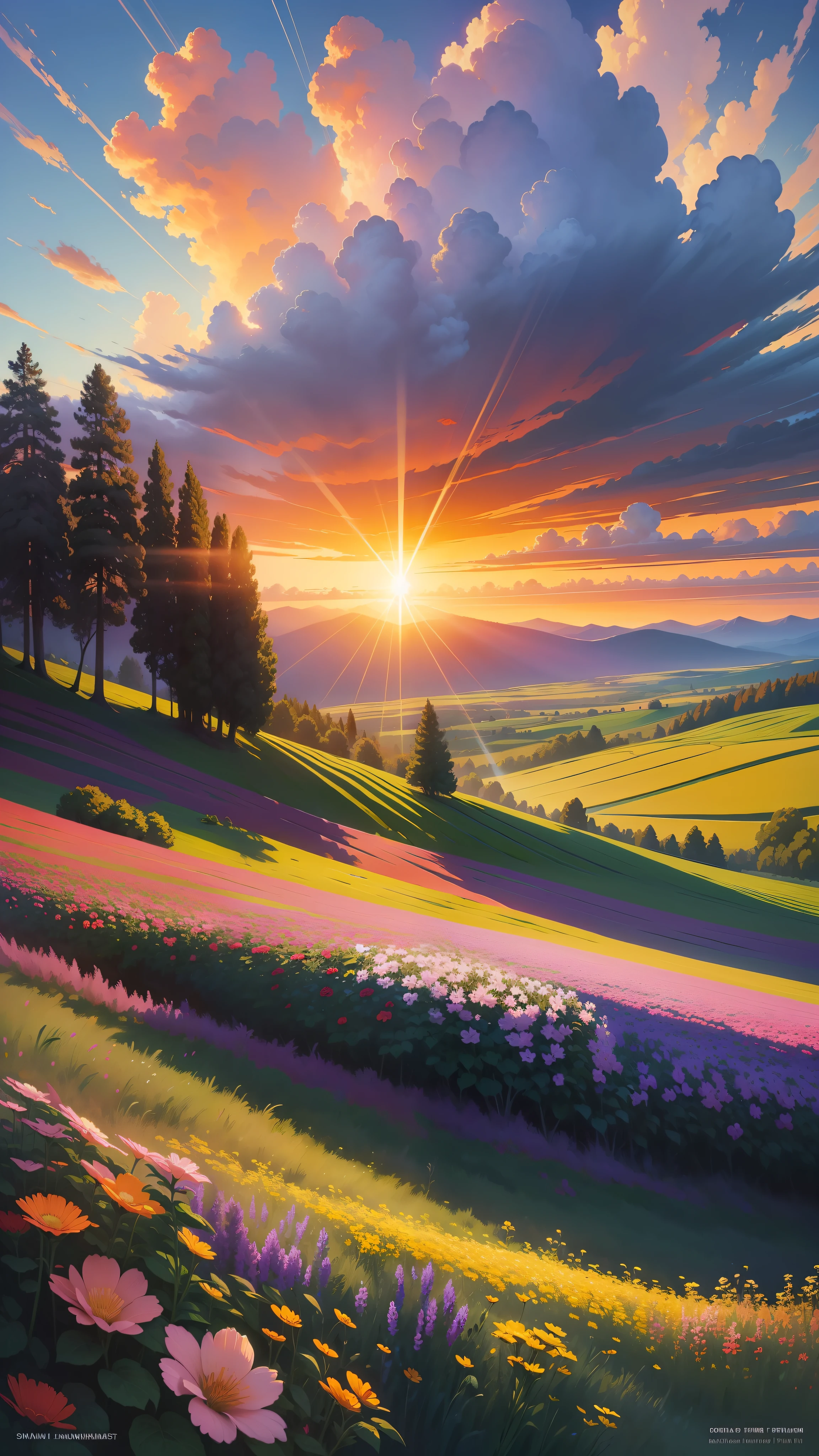 With huge flowers, flower fields hills, large trees, dramatic sunrise rays, impressionist paintings, colorful clouds, digital paintings, pointillism, art stations, Simon Starlenhaag