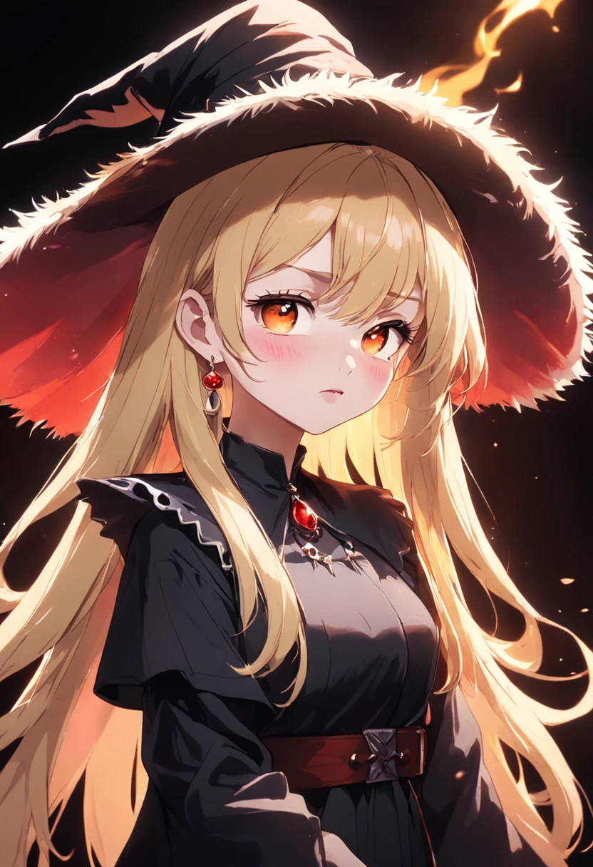 Nixeu, 1girl, black background, blonde hair, closed mouth, earrings, fur trim, gray eyes, hat, highlight, jewelry, big hat, light particles, long hair, looking at the audience, mixed language commentary, mole, mole, nostrils, raw, red lips, shadow face, shadow, simple background, solo, upper body, witch hat