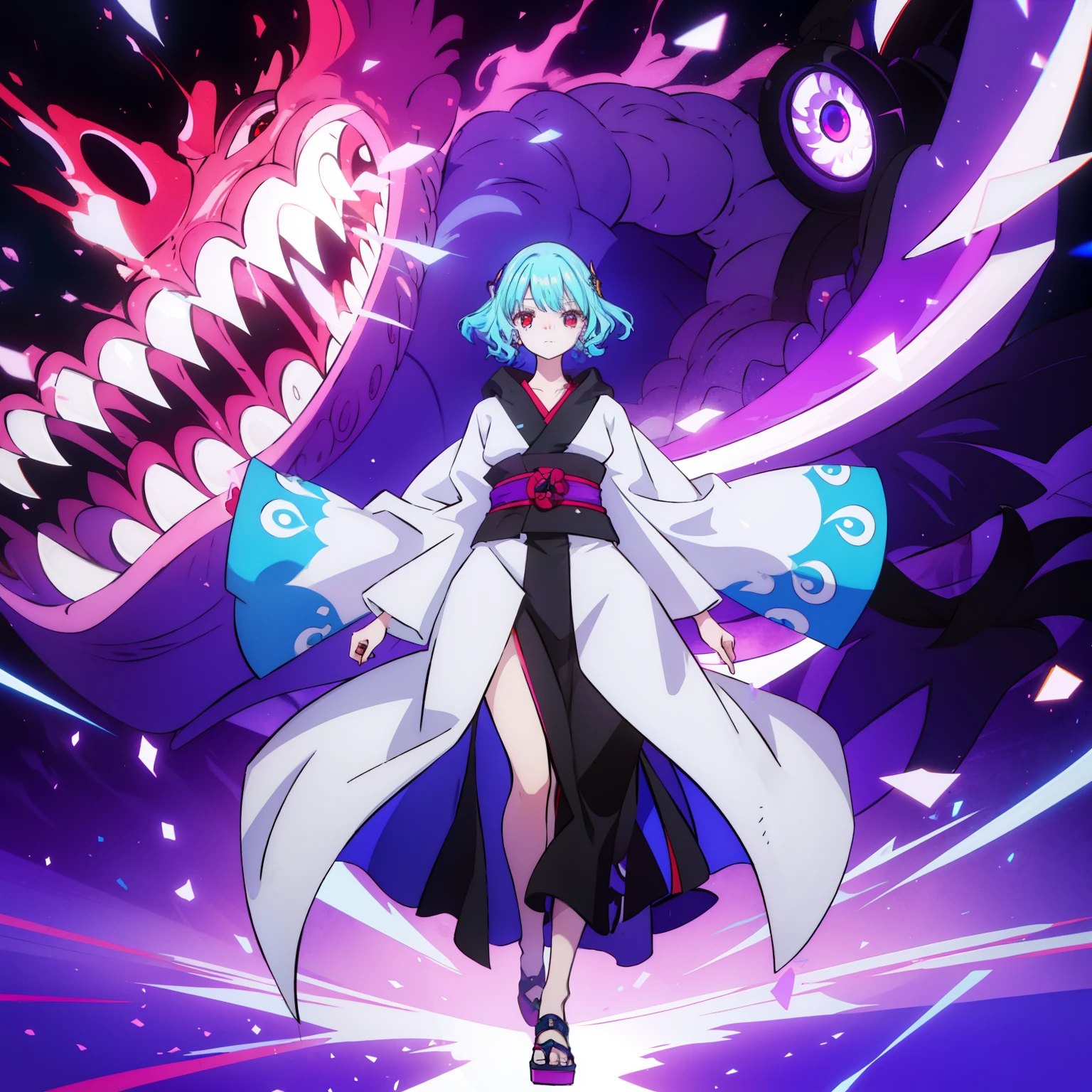 masutepiece, Fine details, 4K, 8K, 12K, Solo, 1 person, Beautiful Girl, caucasian female, 15 years old, 149 cm, Light blue hair, Short hair, Wavy Hair, Red Eyes, Black costume、black robes, Long sleeves, Wide sleeves, long hem, long hem、I can't see my knees、Black hood、Full body black、Purple effect、Dragon Effect