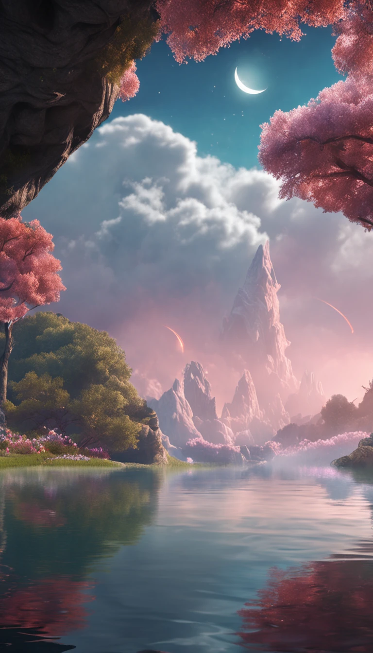 in white clouds fairyland,Calm lake,Ultimate simplicity,Face,3D,OC renderer