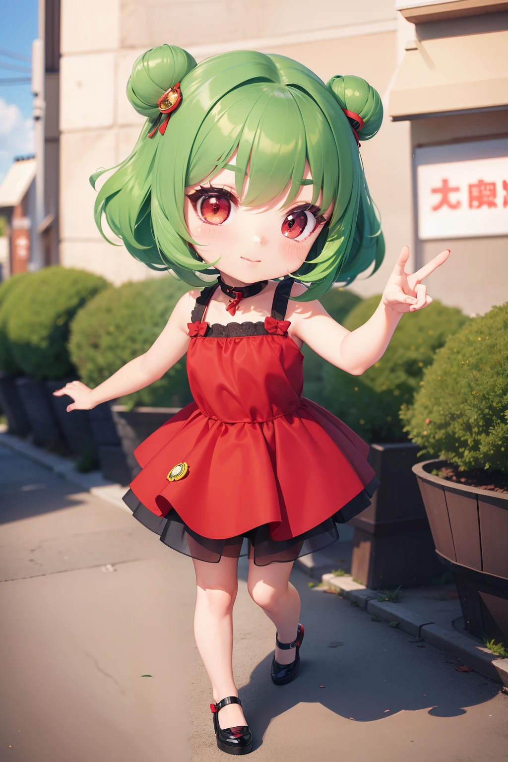 Chibi, 1 girl, shorth hair, Cute、bright expression、Very beautiful face, Beautiful red eyes, dazzling green hair、Eyebrows behind bangs, Bright pupils, nffsw, nffsw, high details, Best Quality, 4K, hight resolution、Full body, Tomato Costume,3D style