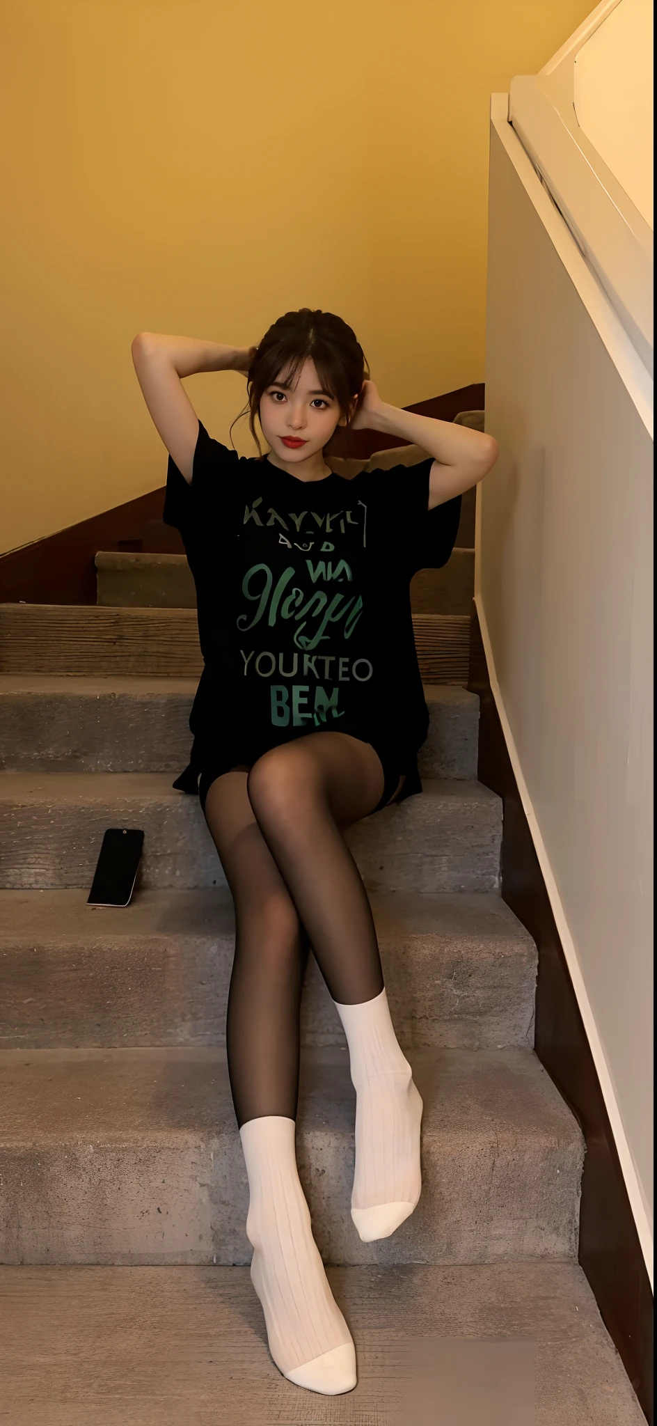 On the stairs sat a woman dressed in stockings and stockings, Full length and white stockings, wearing in stocking, pantyhose tights, nylon tights, young and cute girl, wearing tight simple clothes, wearing skirt and high socks, chiho, Wearing stockings, thighhighs and skirt, wearing honey - themed miniskirt, Cute girl, full body cute young lady,top-quality,8K,tmasterpiece:1.3,Sharp focus:1.2,perfect body type:1.4