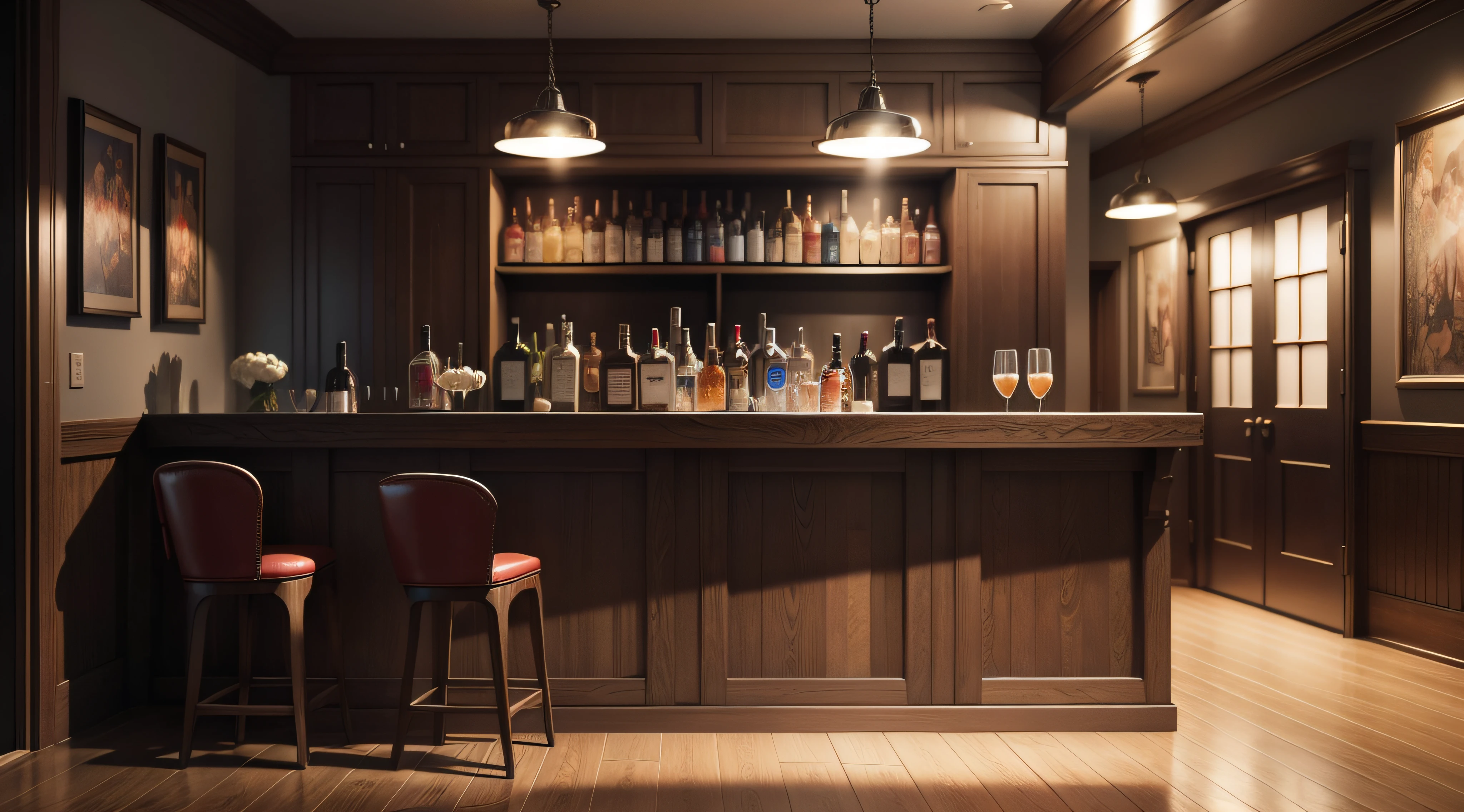 bar Photorealistic, High resolution, full front view, movie style