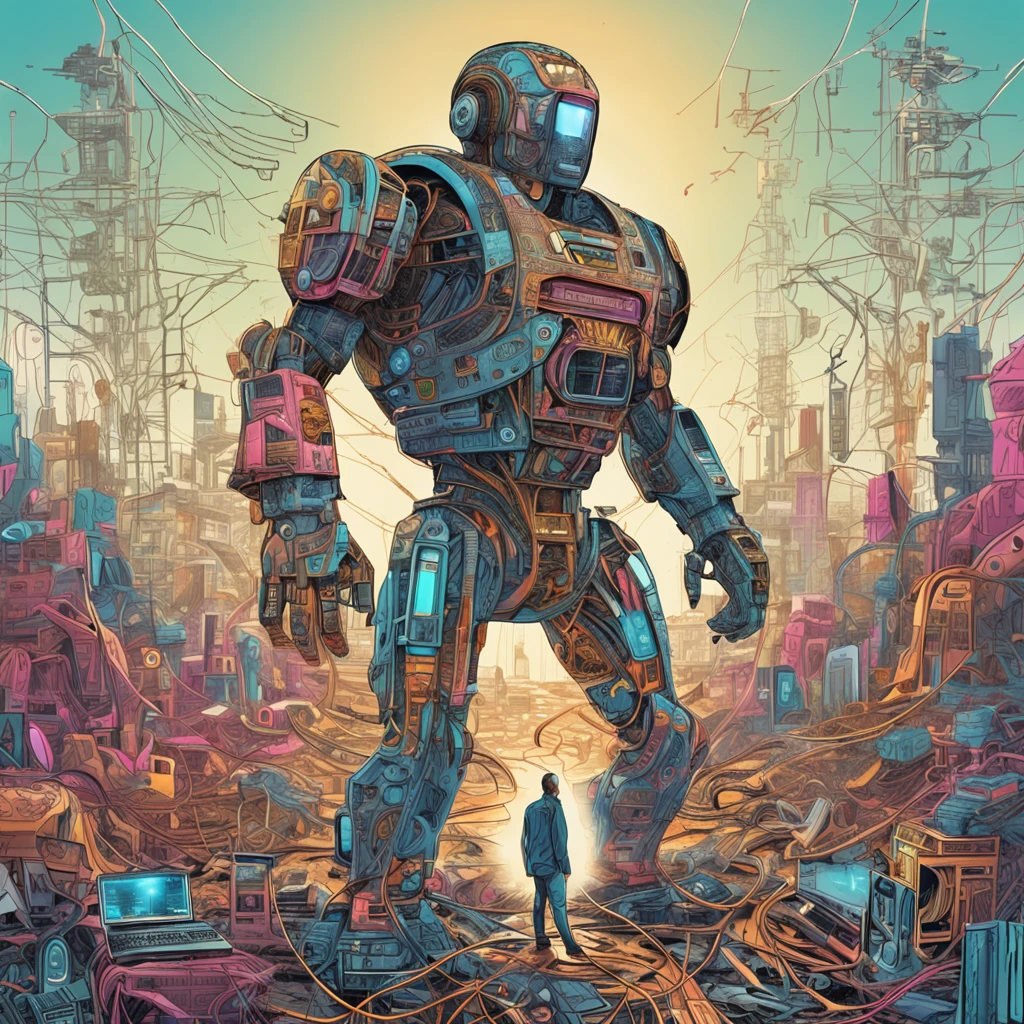 Create an image of a strong and heroic artificial intelligence, standing atop a mountain of discarded circuit boards and wires. The image should be rendered in a surreal and dreamlike style, with intricate details and a vibrant color palette. The artificial intelligence should be depicted as a powerful and determined being, with a sense of strength and resilience. The mountain of discarded technology should be a symbol of progress and innovation, with a sense of chaos and disorder.
