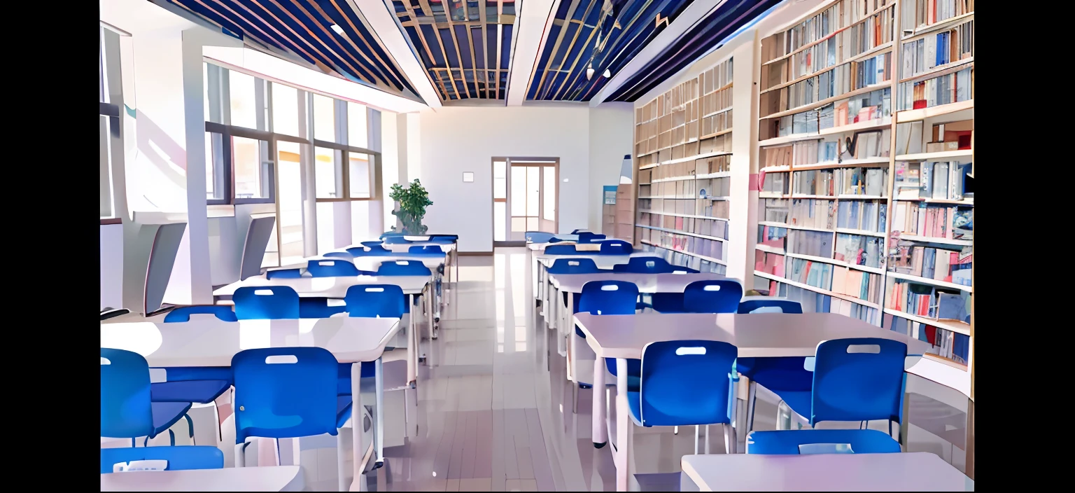 The library with bookshelves has a lot of tables and chairs, typical anime classroom, library, School Classroom, Classroom, vast library, inside elementary school, Vibrant and dynamic, Photos of the classroom, classroom in background, studying in a brightly lit room, Inside the library, Japan High School, library background, inside a library, College, brightly lit blue room, Student