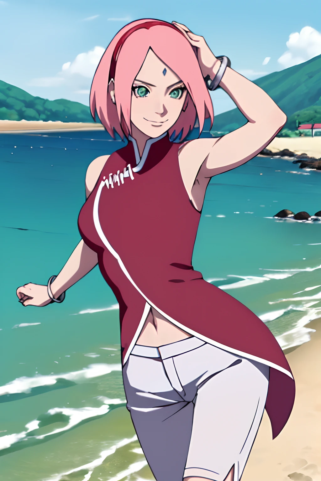 masterpiece, 1k, portrait, face shot, professional artwork, detailed beach background, intricate details, colorful, digital blending, (ultra detailed body, ultra detail hair, ultra detail face), trending on pixiv, kind smile, very hot color, best quality, anime style: 1.9, 1girl, hires, haruno sakura, (forehead mark, milf, red hairband, pale skin, short hair, ((red sleeveless dress), white pants), navel, groin, bracelet, pink hair, green eyes, smile, beach, wind, floating hair, detailed arms, off-shoulders, slightly muscular arms, standing)