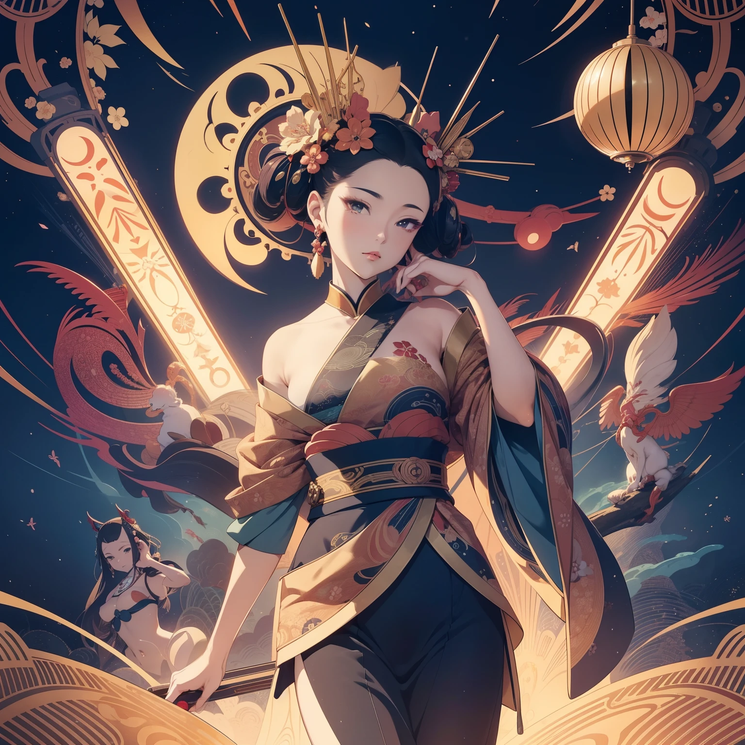 Erte Ukiyo-e style Anne Anderson Anime wondrous strange Whimsical Sci-Fi Fantasy Music boxes are a dream device screwdriver gear wheel structures maintenance