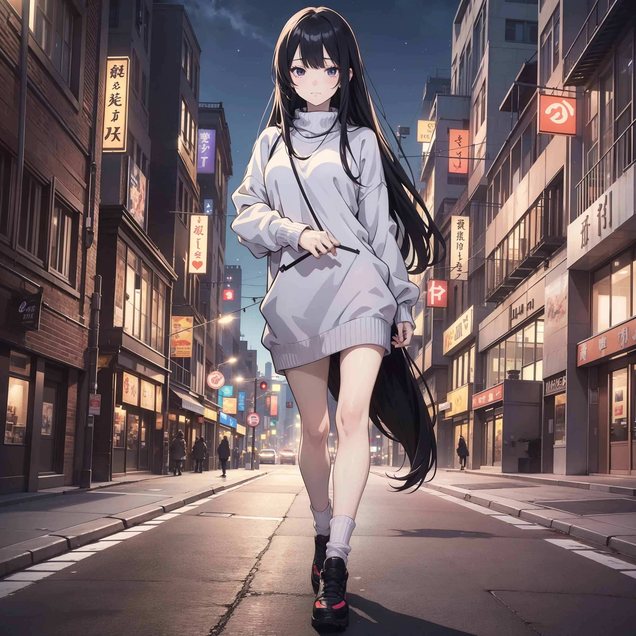 A long black hair,Woman in white sweater standing in the city at night(Frown 1.5)(smile1.5)(Close your eyes1.8)(The background is 1 city at night.5)style of anime4 K,Anime rendering,style of anime。8K,Handsome anime face(Full body display 1.8)(Woman 1.8)(Cinematic lighting 1.5)(Master masterpieces:1.4)(Ultra-high detail1.5)(Best quality1.5)