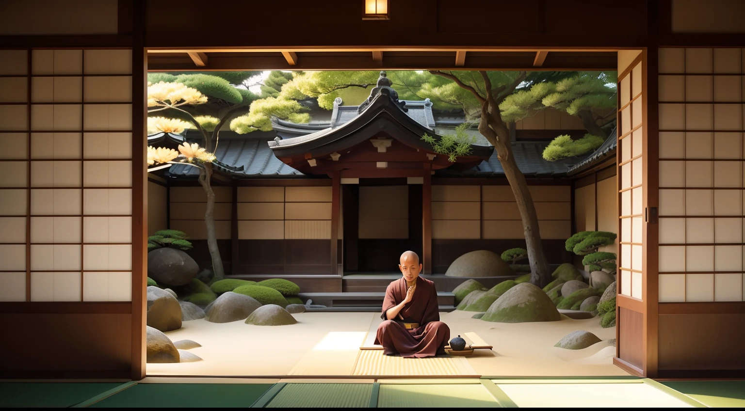 Date: 1178
Location: Kyoto, Japan
Description: In a tranquil Zen garden, a lone monk contemplates life while raking intricate patterns in the sand, the dappled sunlight creating a serene atmosphere.