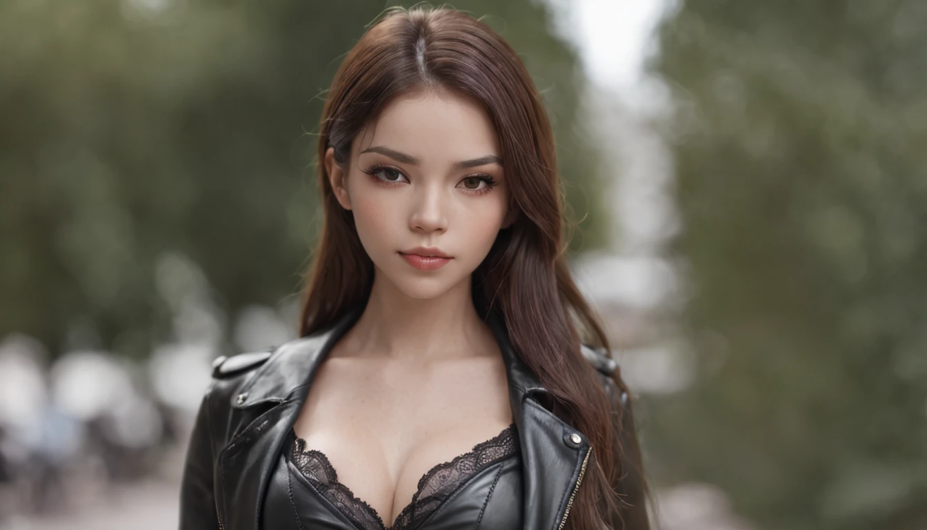 There was a Brazilian woman in a black leather coat, Seductive girl, hyper realisitc, perfect bodies, rendering, ultra-realistic image, realistic 3 d style, perfect girl, hyper realistic anime, brazilian girl