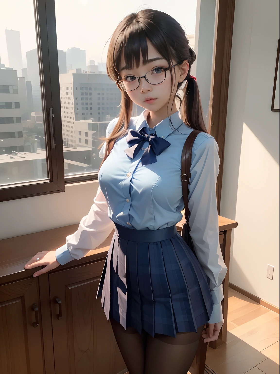 (Best Quality,4K,High resolution:1.2), Ultra-detailed, Realistic portrait, Best Quality, (outside japanese high school), (passionate scene),one very young looking high school girl, (intense emotion), (innocent look, school uniform, large round black rimmed glasses), ((stockings, cute face, standing, full body)), (perfect long legs, high waist mini pleated skirt, tight shirt), large brown eyes, long black hair, pigtails