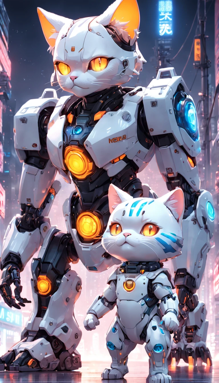 robotic cat, (estilo de brinquedo da caixa cega:1.2), (tiro de corpo inteiro) , 1 Menino Transparente,Behind him is a cute transparent robot cat, Mech transparente, Capacete requintado:1.2, Glasses:1.2, Cyberpunk, brilho sonhador, luminous neon lights, limpo, fundo branco, ( global ilumination, Traching de raias, HDR, unreal render,Reasonable design, alto detalhe, master part, best quality, hiper HD, Cinematic lighting)