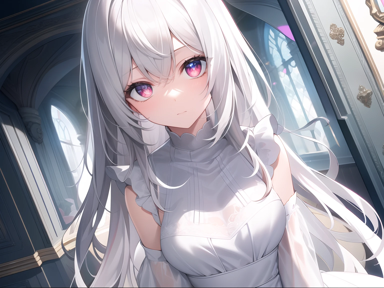 ((Masterpiece, Best quality))++, Detailed light+, Detail hair+, detail hand+ ,1girll, woman, Long hair, Crimson eyes, Beautiful eyes, Young gray hair,,(Beautiful white hair:1.5),(Beautiful detailed eyes), high resolution+, blacksilk , a black skirt, Glass tones, Reflective eyes, {{Angle}} , extremelydetailedwallpaper, Original, ,