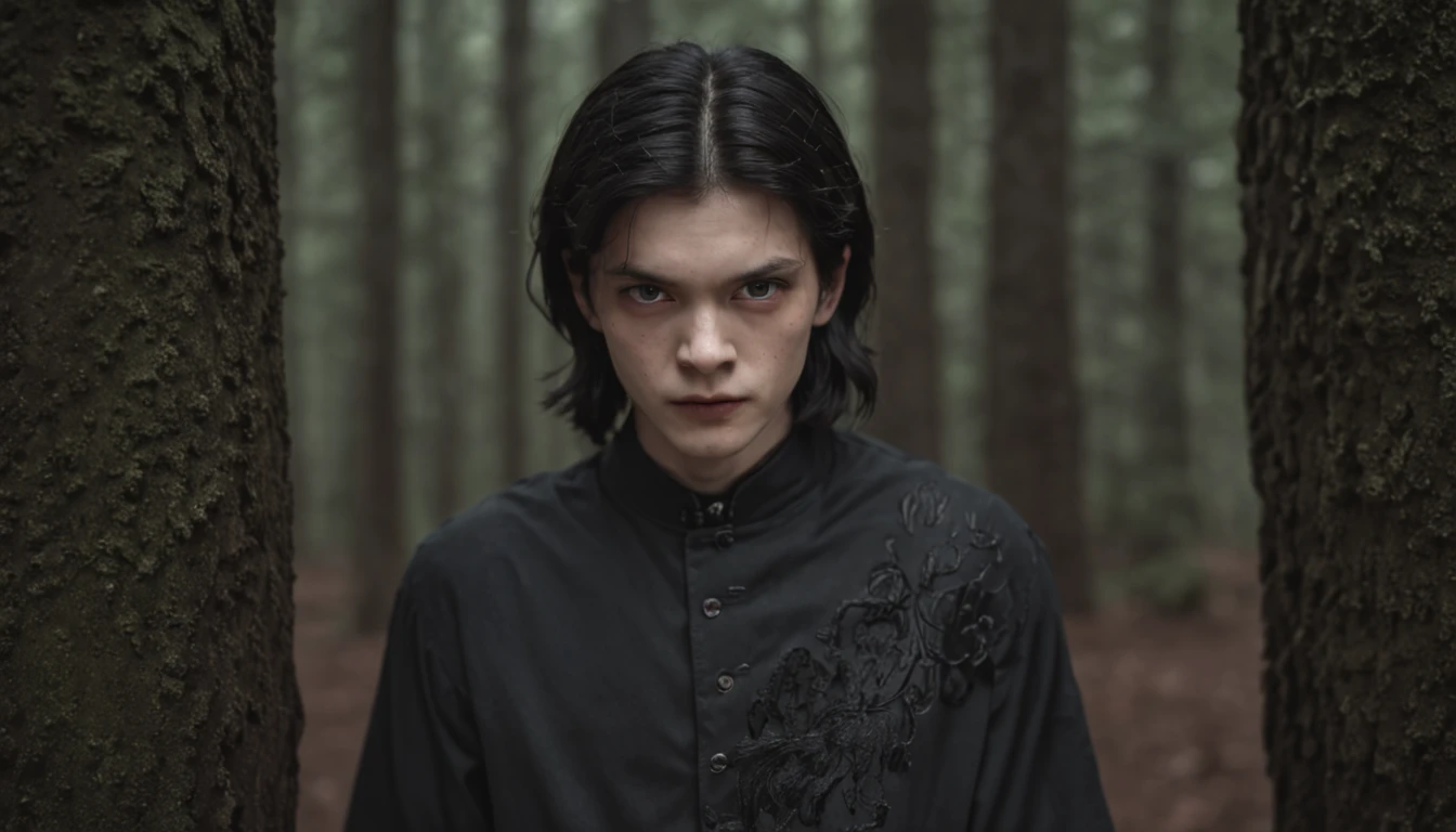 masterpiece, top-quality, masterpiece, (1 boy), (LLChar), Dark energy, Void, Eyes of the Sky, (Very evil), Dark Magic, dark forest, Negative energy, Hell, Void, stele, A dark-haired,
