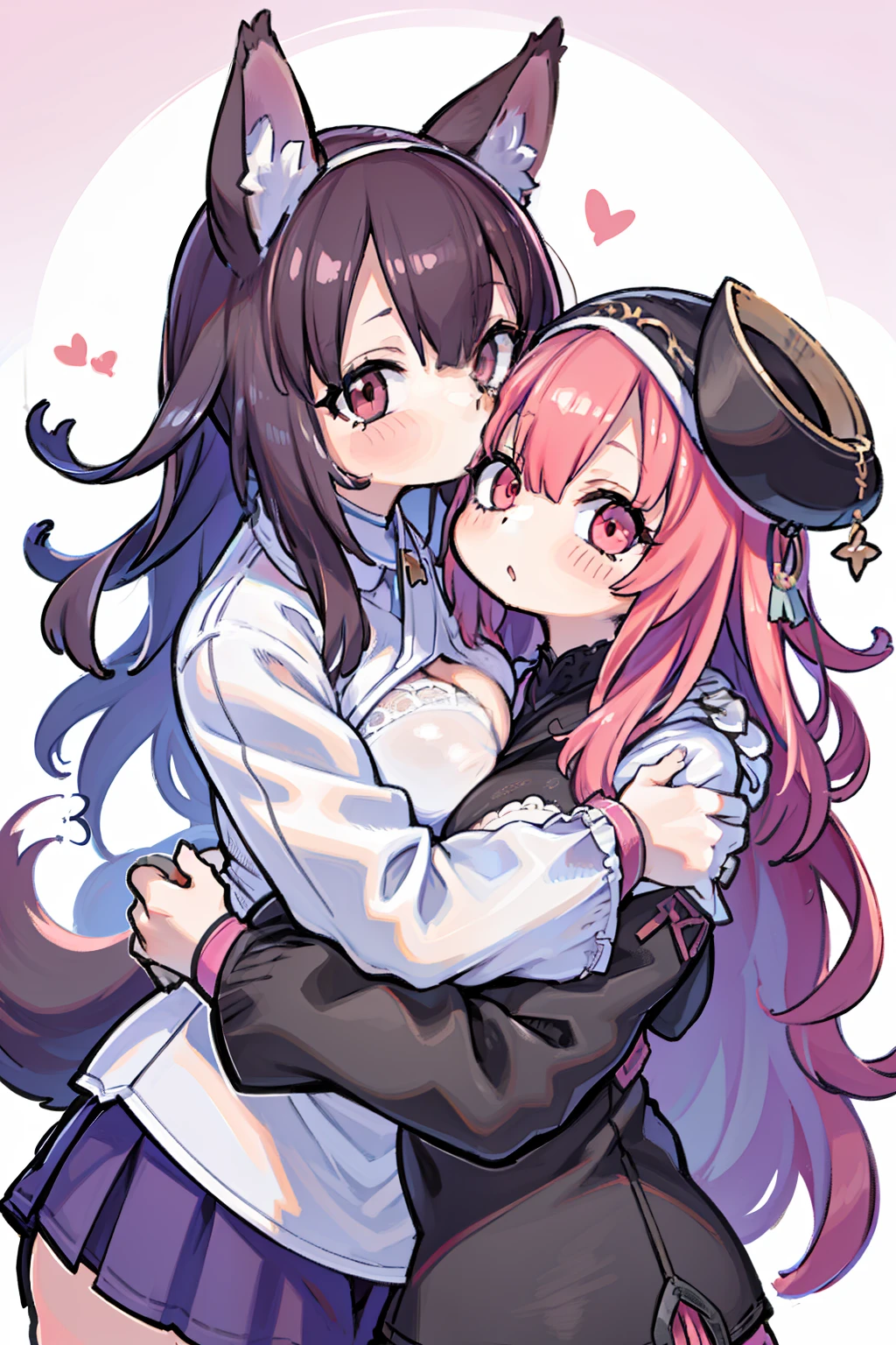 2girls，girl1：bbw、adolable，Black hair，Bob-cut hair，rcasual、Kisses and hugs、stare、NOWAI、foxes、Girl 2：adolable，A pink-haired，Long grey hair，rcasual。Kisses and hugs、stare、NOWAI、foxes