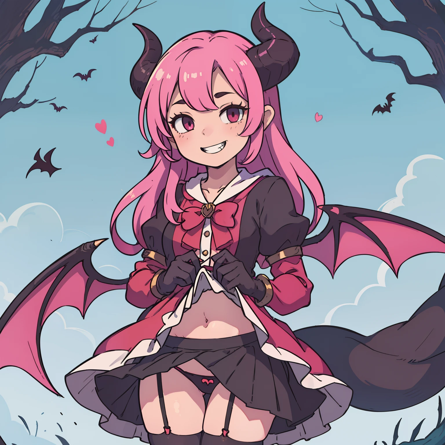 1girl in, Solo, cute girl, Pink hair, Long hair, succubus clothes、Succubus horns、Succubus Wings、Succubus tail、Sheer clothing、(panty shot:1.2)、Take grin, evil smile、(skirt lift:1.2)、Petite、(Granblue Fantasy:1.2)、(nsfw:0.9)、best quality、