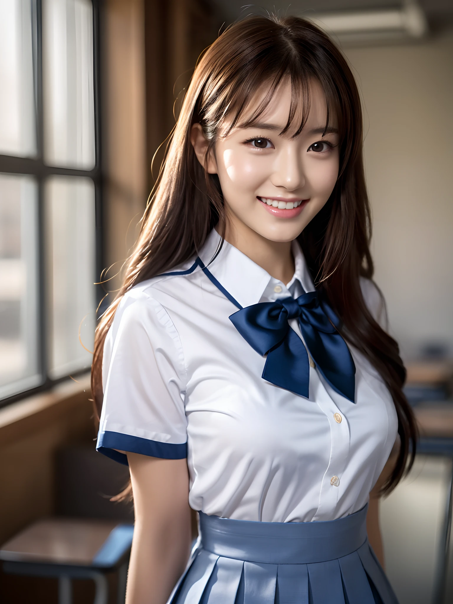 Product quality, 1girl in, upperbody shot, front-facing view, a Japanese young pretty woman, hyper pretty face, 18 years old, Standing with a big smile in a high school classroom, wearing a short sleeves silky white collared shirt with shiny satin red plain bow tie, Wearing a dark blue pleated long skirt, Glossy lips, Double eyelids in both eyes, Natural makeup, long eyelashes, shiny smooth light brown hair of medium length, asymmetrical bangs, Tanned skin, wearing a dark blue pleated skirt, central image, 8K resolution, high detailing, detailed hairstyle, Detailed face, spectacular movie lighting, Octane Rendering, Vibrant, Hyper realistic, Perfect limbs, Perfect Anatomy