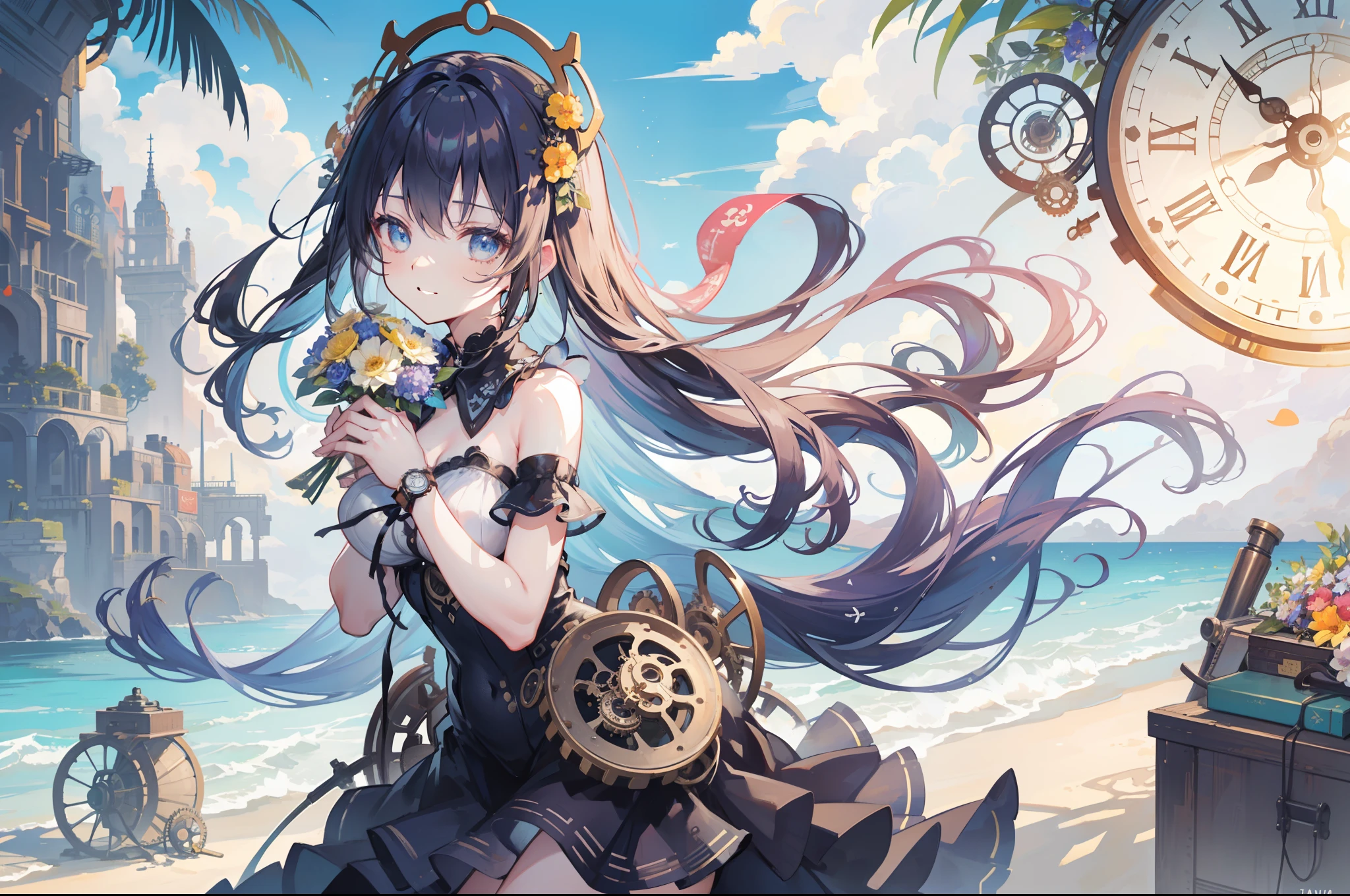 ((celebration、holding flower bouquet)), ((the beach))、steampunc、steams、Into the cloud、(((gear wheel, Clocks and plumbing)))、夏天、Beautuful Women、Steampunk-style swimsuit adorned with countless gears and watches、Midday Sun、steams、Large space、high sky、clouds、Detailed drawing、intricate illustrations、Overwhelming drawing、Smooth depiction、Countless gear and watch decorations、Sheer sunlight、Beautiful eyes drawn down to the smallest detail、perfectly proportions、Balance of the whole body、Grinning、zoomout、ink drops、