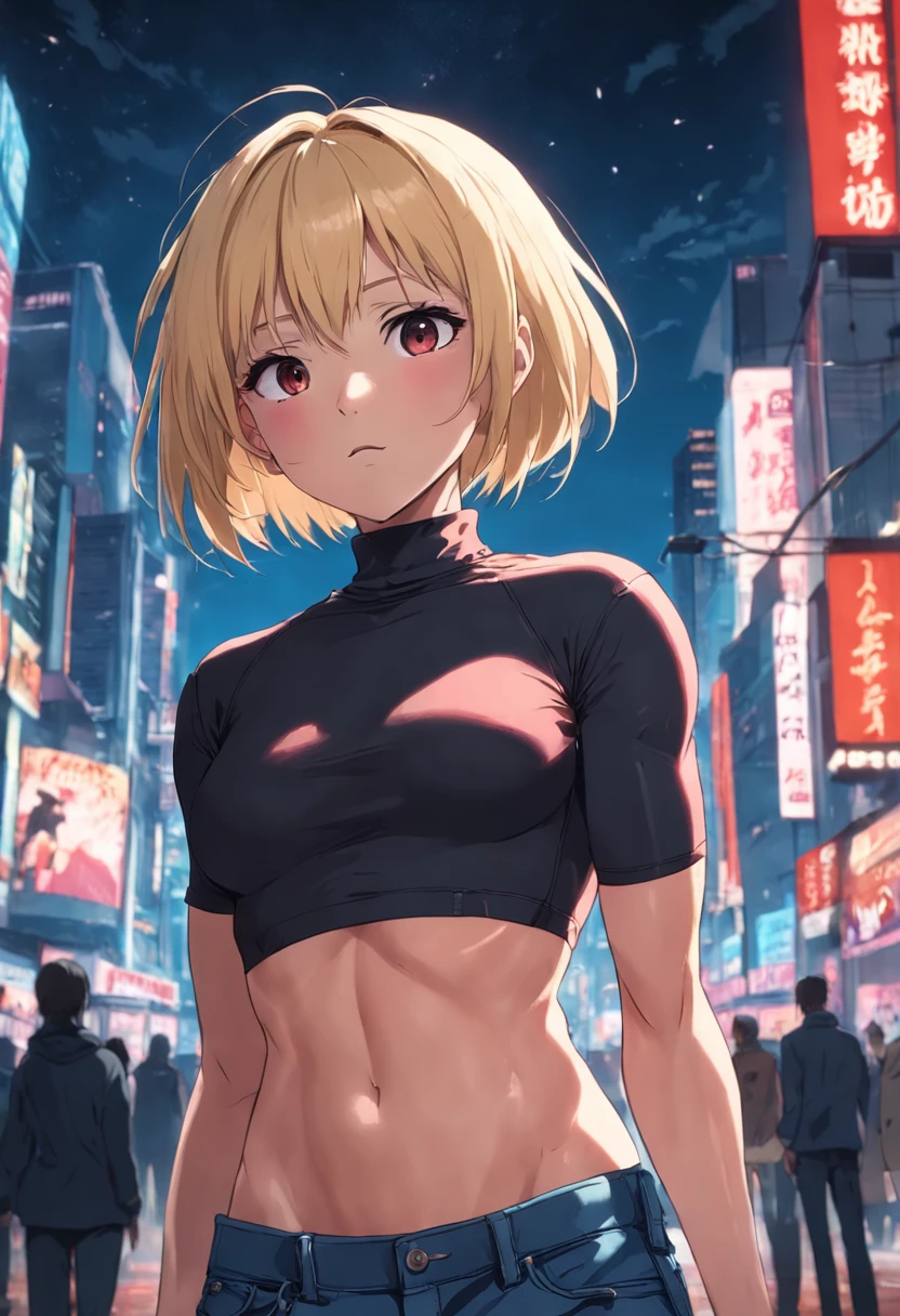 Very muscular adult female with a blonde bob style cut, wearing denim short shorts and a cropped red turtleneck