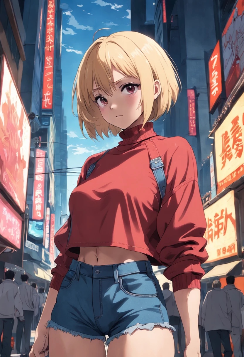 Very muscular adult female with a blonde bob style cut, wearing denim short shorts and a cropped red turtleneck