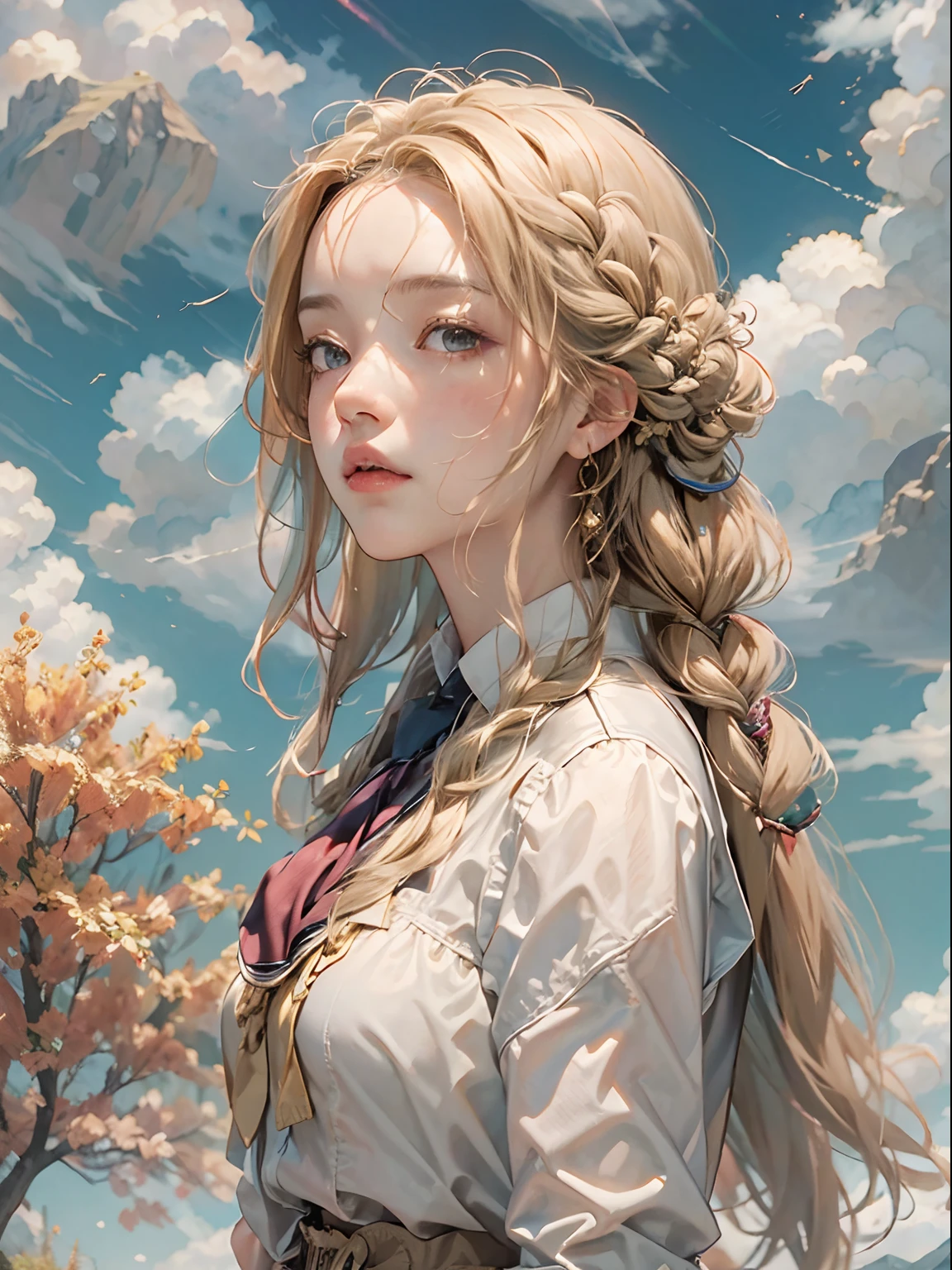 schoolgirls，Solo，Golden braids，Real hair，Hairline，Skysky，​​clouds，The tree，mountain in the distance，depth of fields，portraitures，the sideview，Side Body，head looking up，Look at the sky，Bust photo，filmposter，offcial art，tmasterpiece，high qulity，A high resolution，