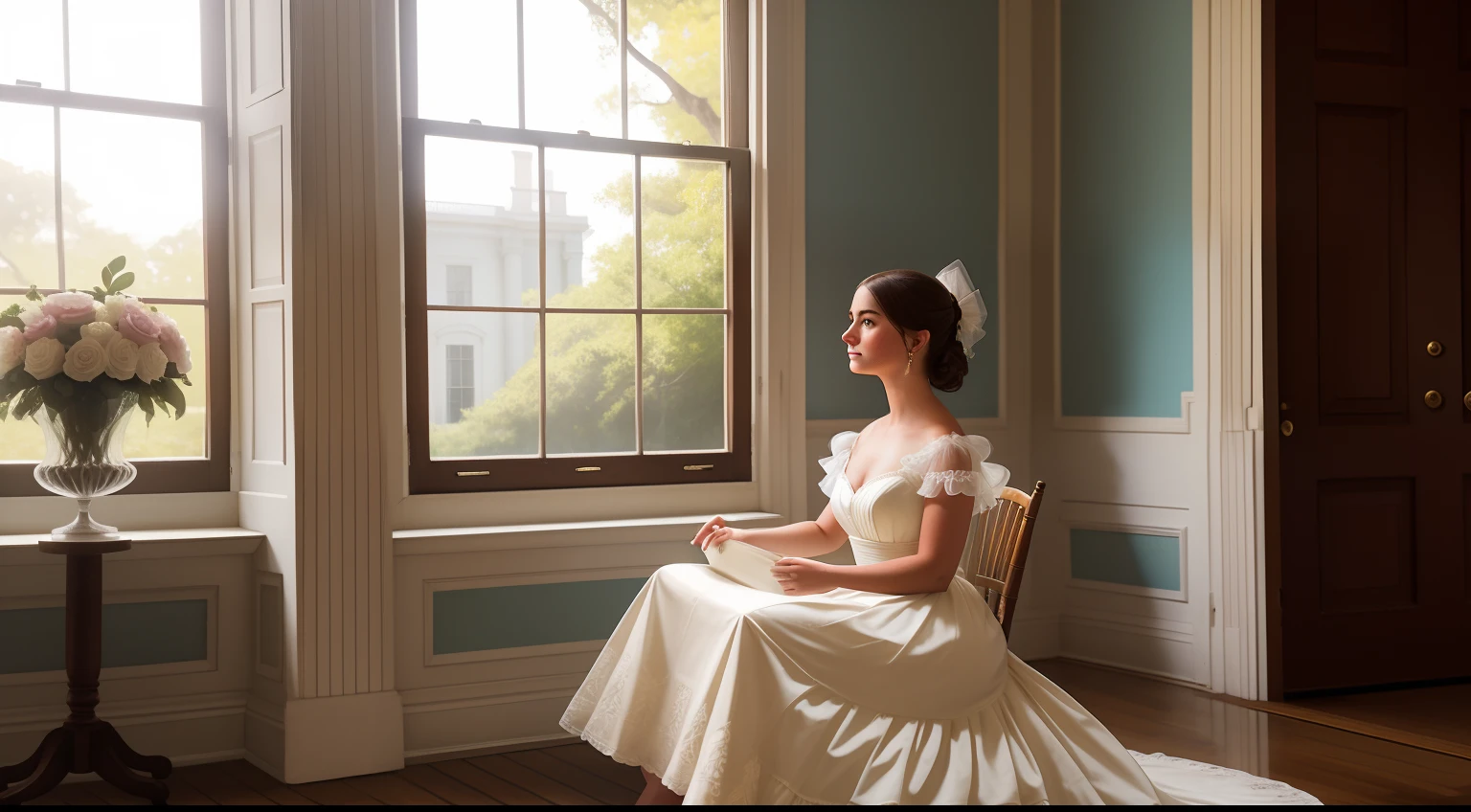 Date: 1825
Location: Charleston, USA
Description: In a historic Southern mansion, a debutante stands on a sunlit veranda, holding a delicate fan and gazing wistfully towards the bustling street.