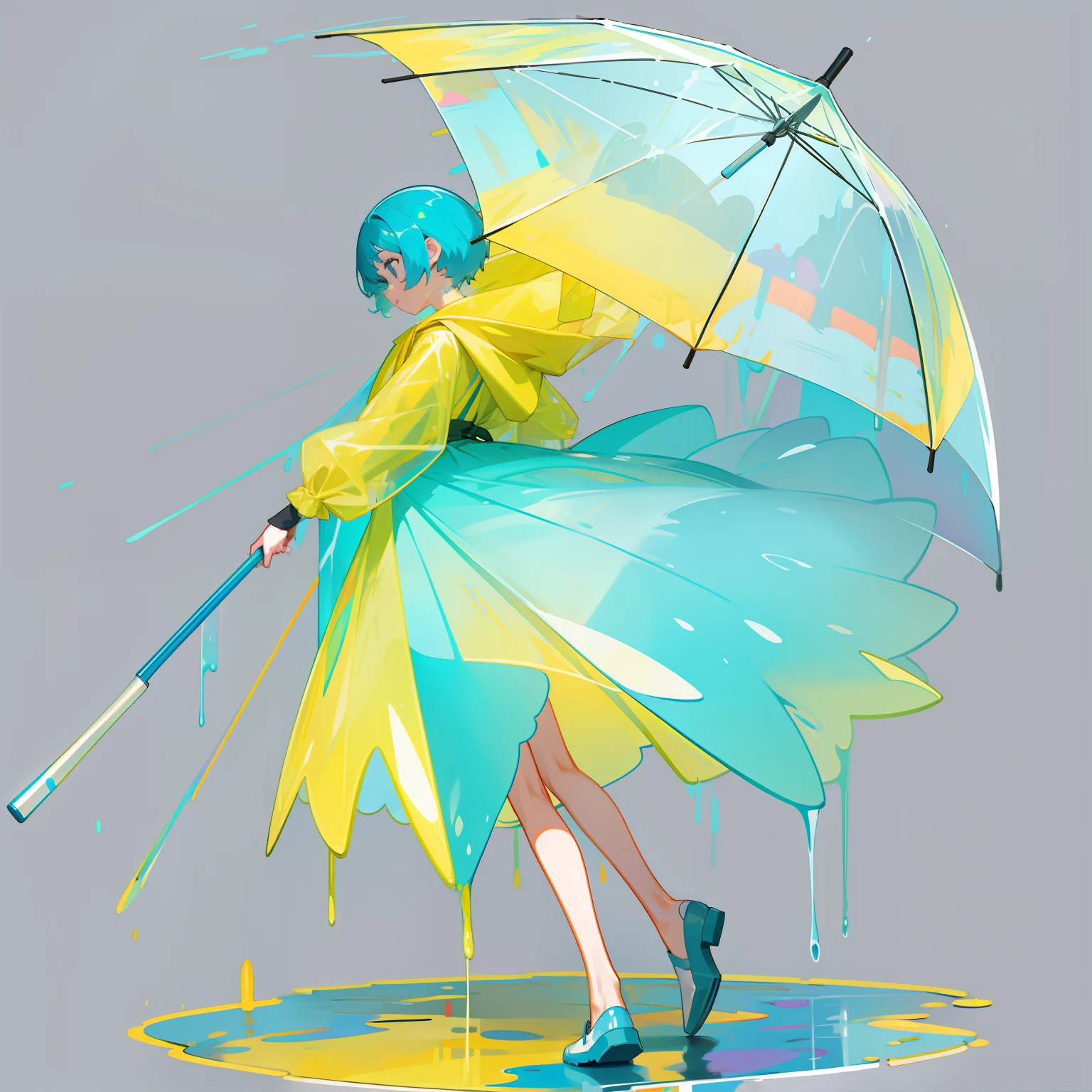 cyanhair,cyan dress,Transparent yellow raincoat,Treading puddles,Hold a closed transparent umbrella,The color of the skirt is transparent,Full body figure,Vertical painting on the front