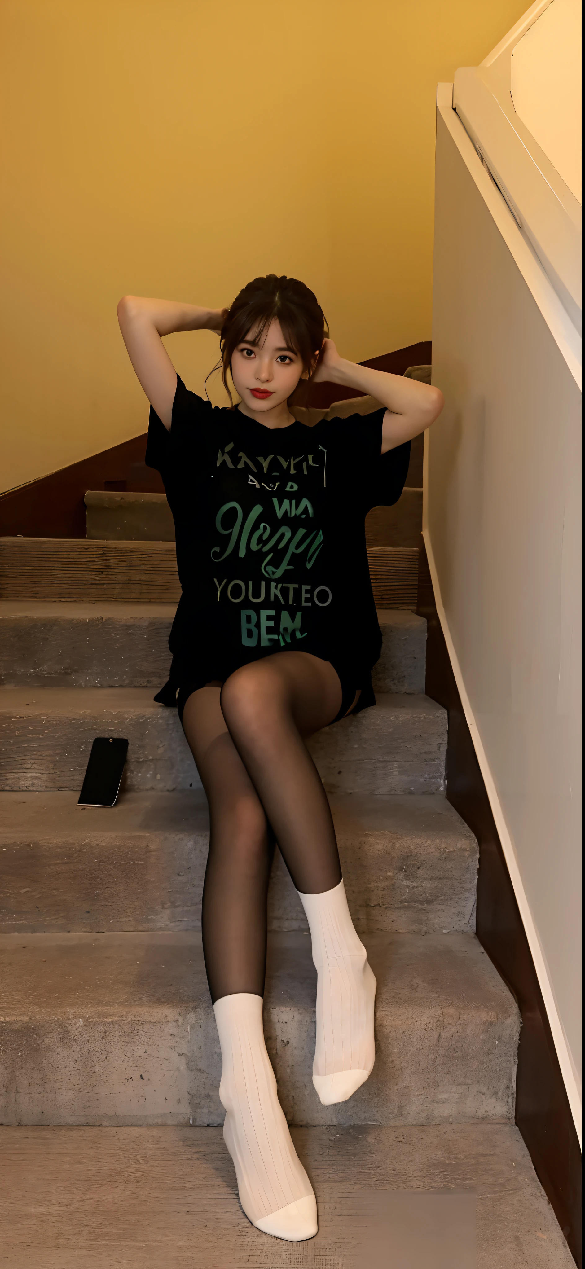 On the stairs sat a woman dressed in stockings and stockings, Full length and white stockings, wearing in stocking, pantyhose tights, nylon tights, young and cute girl, wearing tight simple clothes, wearing skirt and high socks, chiho, Wearing stockings, thighhighs and skirt, wearing honey - themed miniskirt, Cute girl, full body cute young lady,top-quality,8K,tmasterpiece:1.3,Sharp focus:1.2,perfect body type:1.4