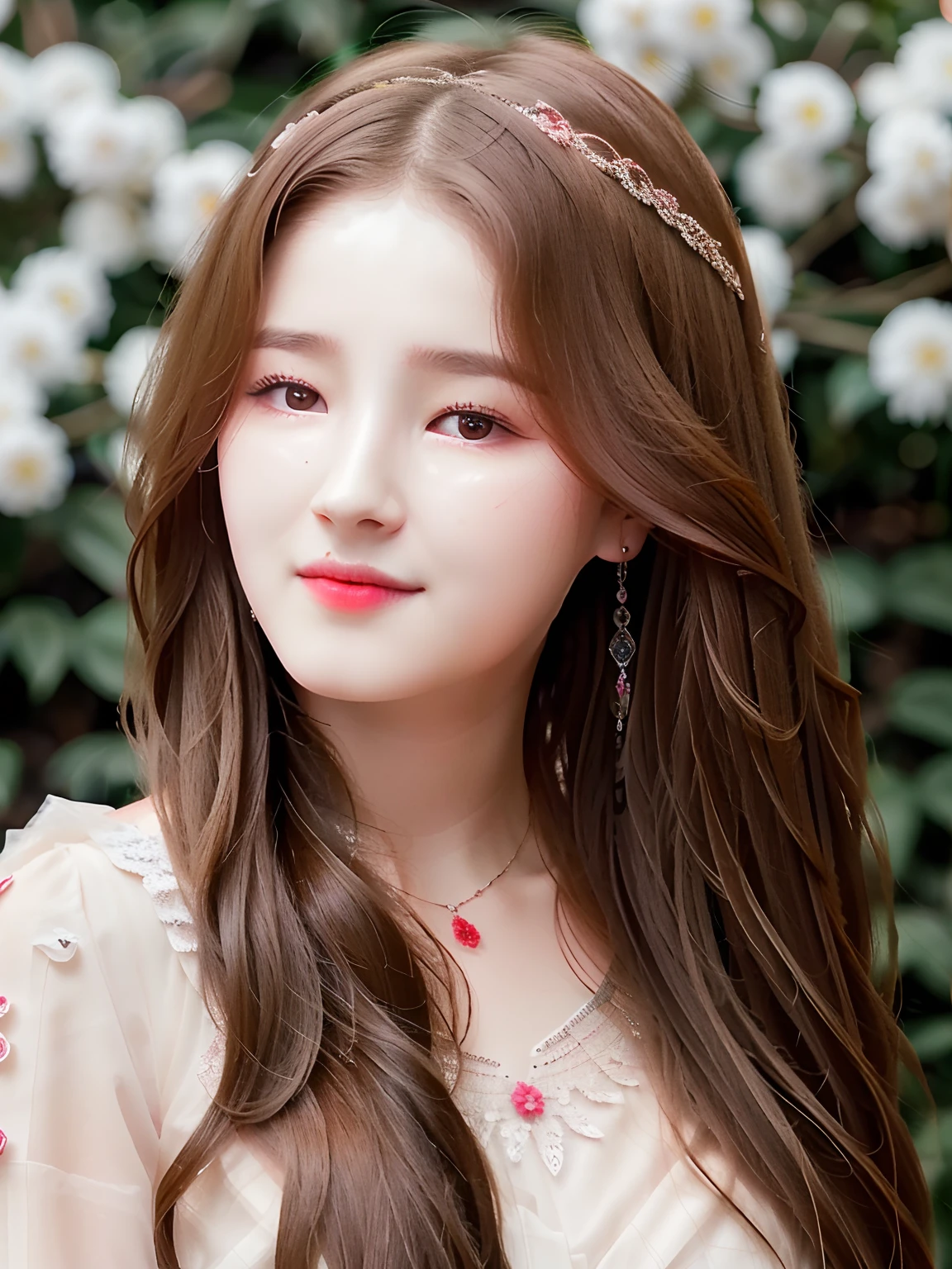(Nancy McDonie), best quality, masterpiece, highres, 1girl, transparent silk china dress, beautiful face, hair ornament, looking at viewer, smile, closed mouth,lips, dress,hair ornament, necklace, jewelry, long hair, earrings, Beautiful face,upon_body, tyndall effect,photorealistic, dark studio, rim lighting, two tone lighting,(high detailed skin:1.2), 8k uhd, dslr, soft lighting, high quality, volumetric lighting, candid, Photograph, high resolution, 4k, 8k, Bokeh(ultra-detailed background, detailed background), absurdres, highres, ultra detailed, extremly detailed, 1girl, (bunch of flowers:1.3), (zentangle:1.2), (geometric:1.2),(colorful),
