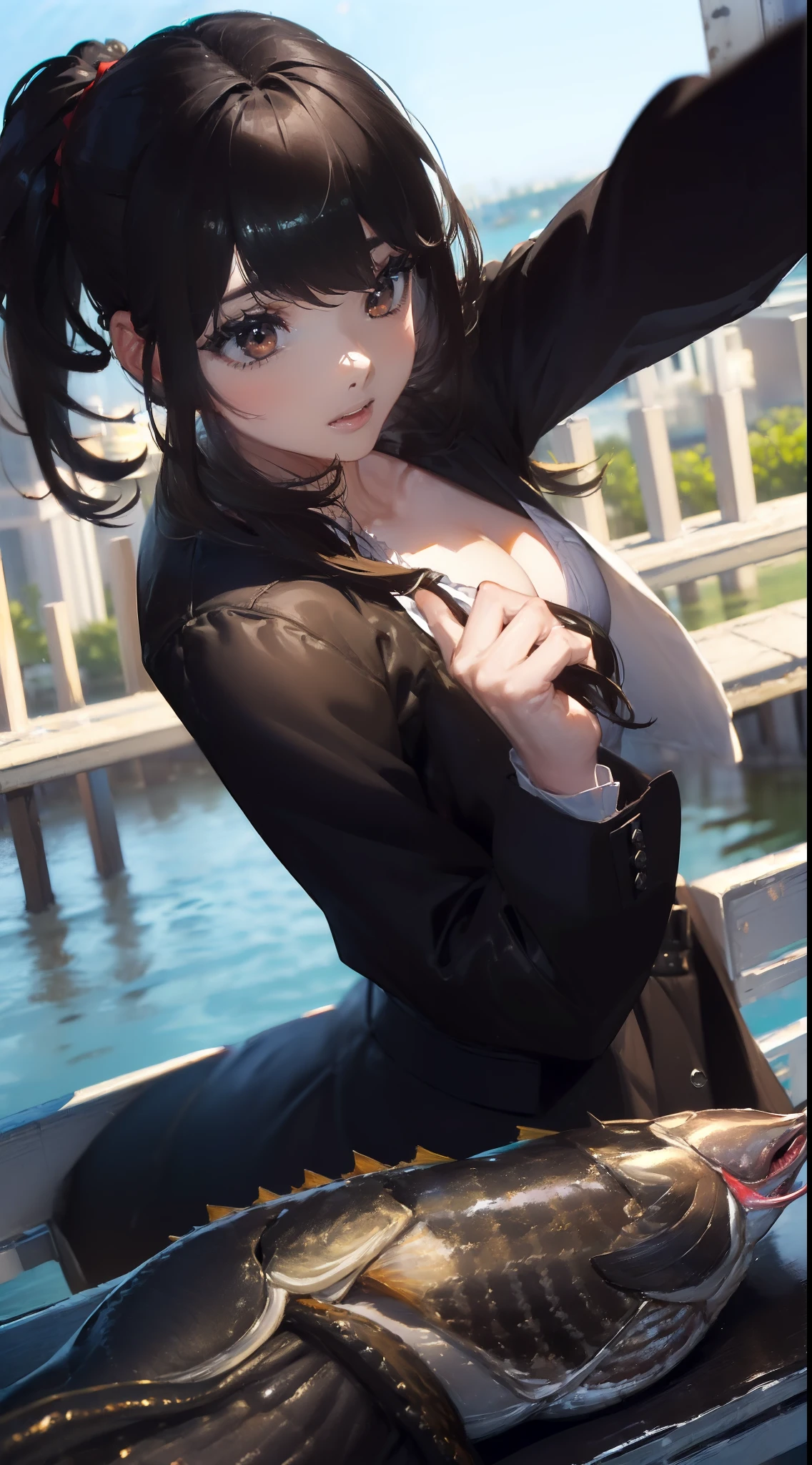 ((((Catch a big black bass by the lake:1.5)))),((1 female 28 years old))((Best Quality:1.5)),(((Hands with the correct number and structure of fingers:1.4))),(Large fish),hight resolution,ultra-detailliert,​masterpiece,best qualtiy,poneyTail,Black hair, long eyeslashes, Solid Circle Eyes, drop shadow, Atmospheric perspective,Super Detail, ccurate, small brest,(Black jacket :1.1),top-quality, blurry backround, bokeh dof:1.2, (​masterpiece:1.3),  Atmospheric perspective,Super Detail,dynamic compositions,top-quality、​masterpiece、Very beautiful CG、finely detail、​masterpiece