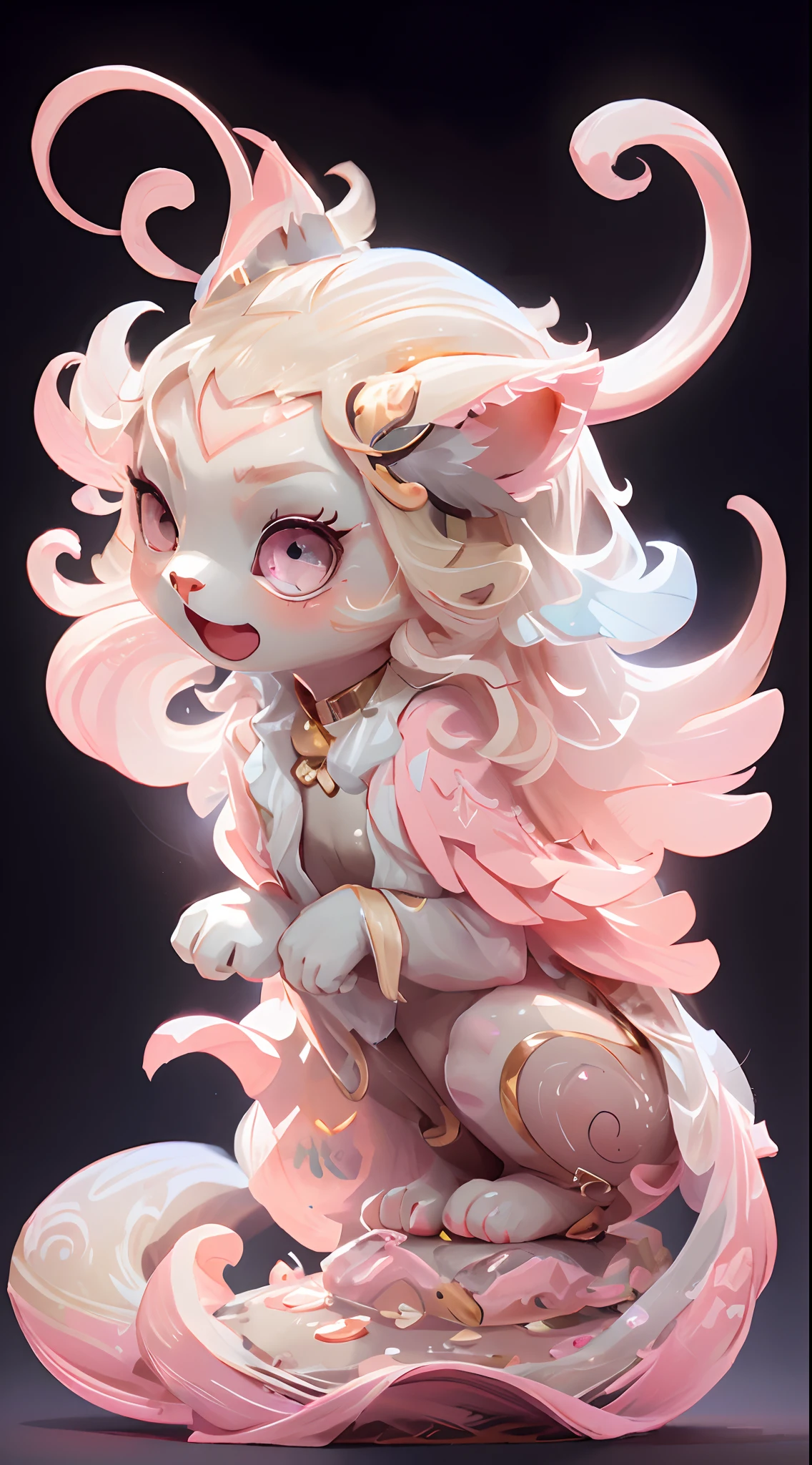 in the shape of a cat,Bling background,Dreamy colors,Transparent statue,florals,Big eyes,In pink,Open-mouthed,laughingly,tmasterpiece,(best qualtiy:1.3), full bodyesbian,Ling_Long
