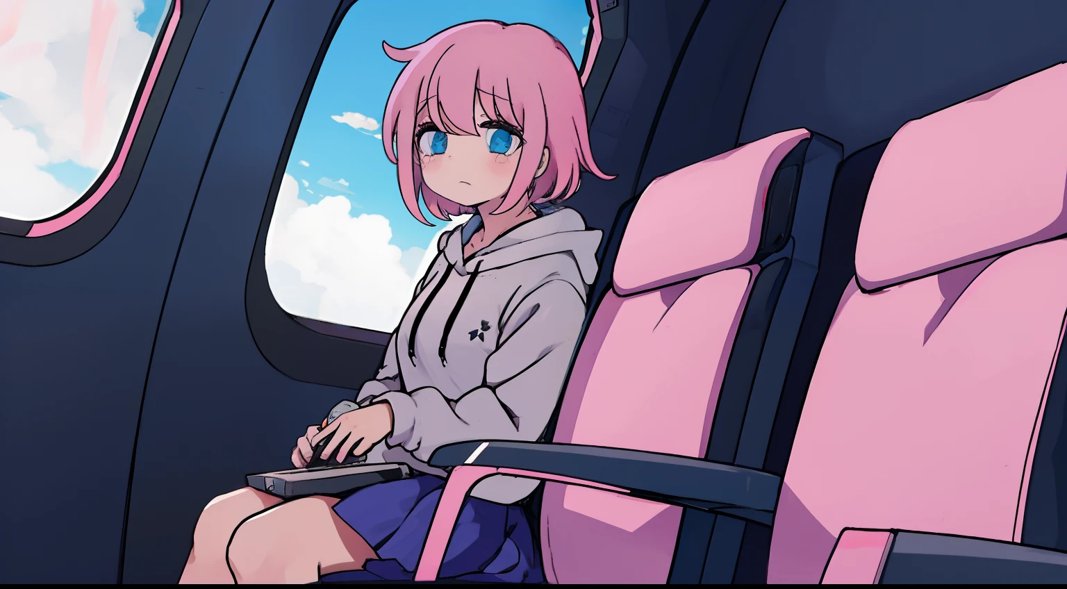 anime girl, short pink hair, bangs, pink hoodie, blue skirt, black legwear, choker, sitting inside a airplane, using a phone, sad, cry, airplane window