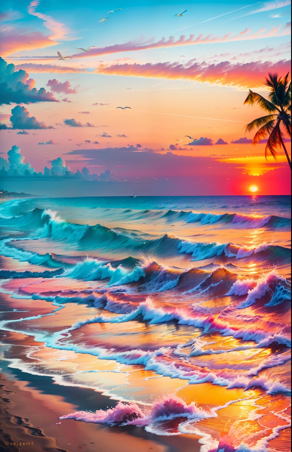 An absolutely mesmerizing sunset on the beach, with a mix of orange, pink, and yellow in the sky. The water is crystal clear, gently kisses the coast, and the white sand is endless. The scene is dynamic and breathtaking, with seagulls soaring high in the sky and palm trees swaying softly. Immerse yourself in the calm atmosphere and let the serenity surround you.