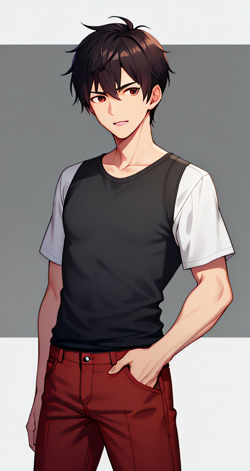 male people，24 years of age，red blous，denim pant，with short black hair，Three View，Task design，Handsome face，high detal