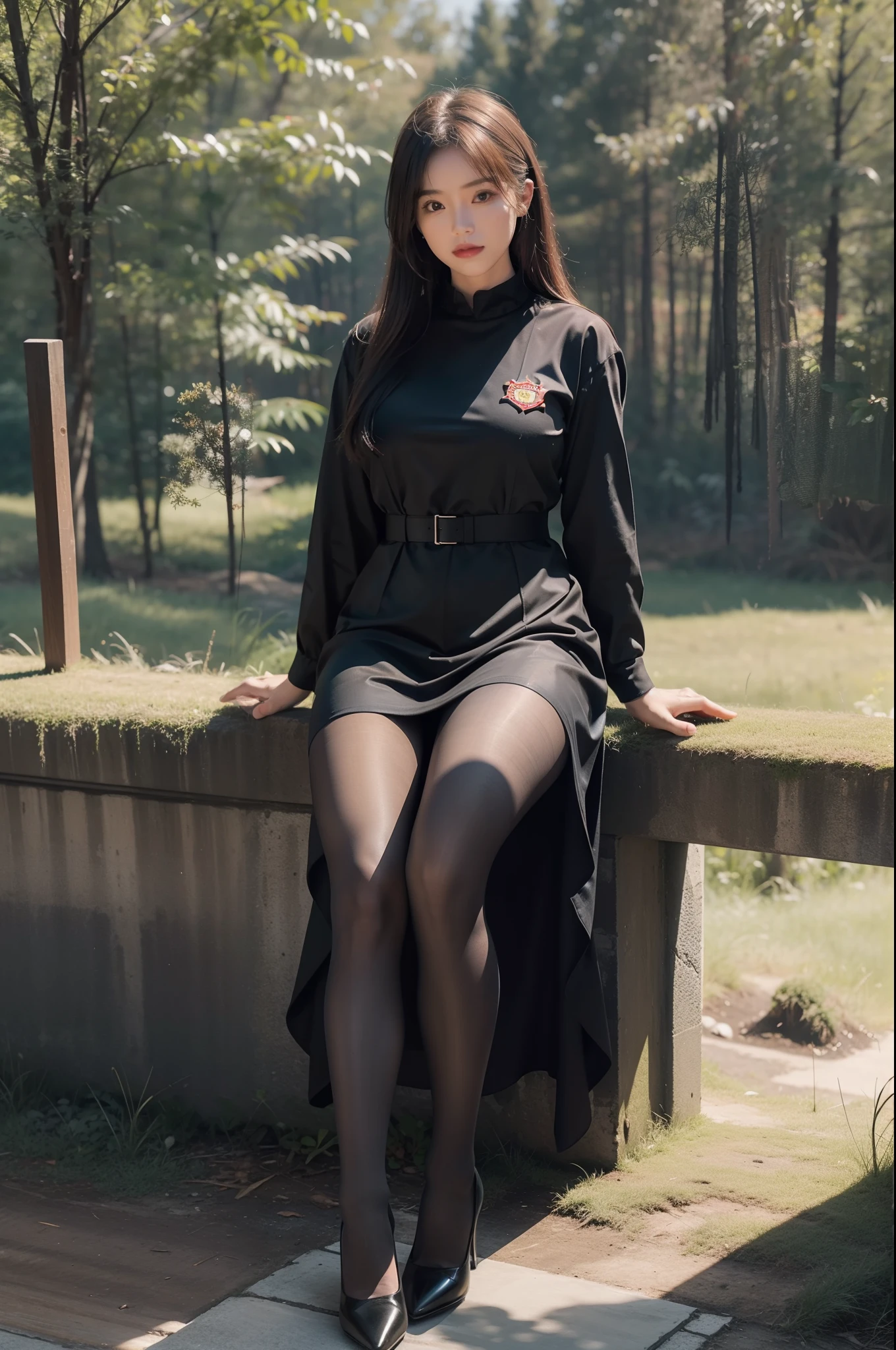 Araffe woman in black dress sitting on a bench in a park - SeaArt AI