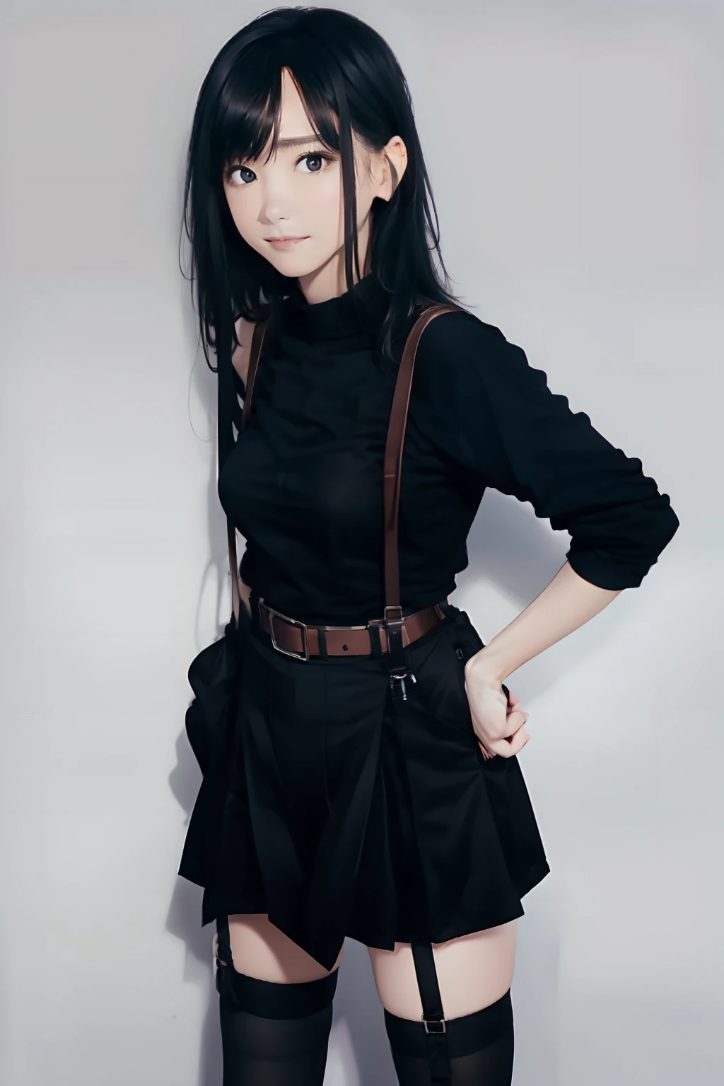 a black skirt, , Tank tops suspenders, Long Black Hair, Gray eyes, holster, Garter belt on the legs, , Moderate breasts and tight clothes, both sides Behind no-bra